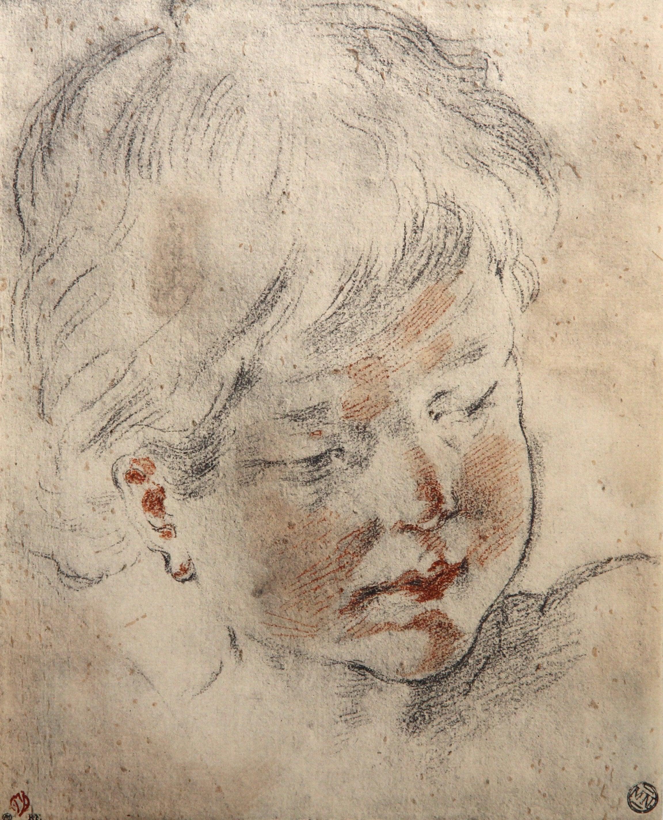 This exquisite lithograph and pochoir after Guido Reni (1575–1642), titled Tete d enfant (Head of a child), originates from the 1968 folio Visages d Enfants. Quinze Dessins de Durer a Dufy Appartenant aux Collections des Musees Nationaux (Faces of