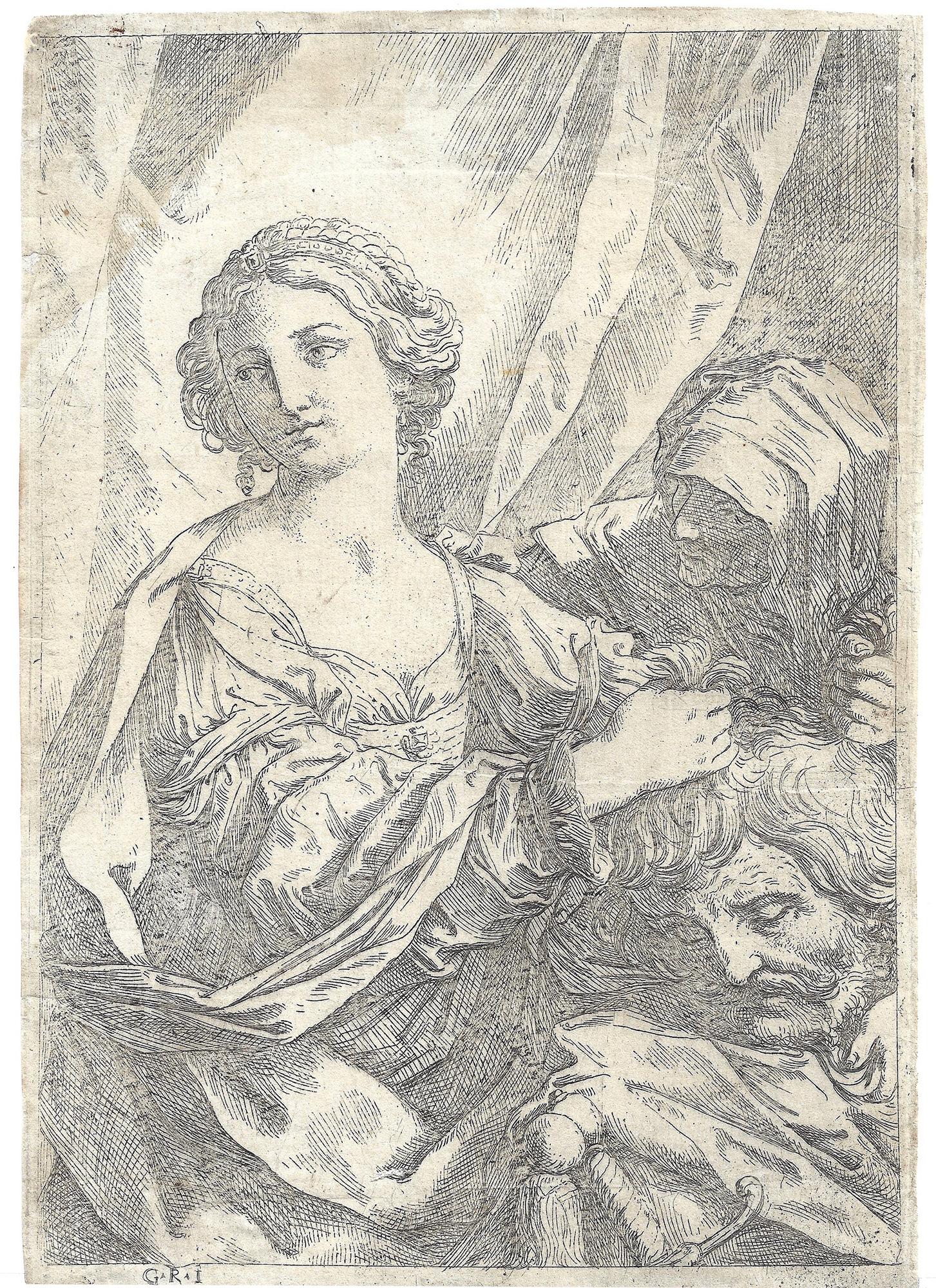 Judith, die den Kopf von Holofernes bei den Haaren fasst und nach links schaut, und eine alte Frau zur Rechten. um 1640
Radierung auf cremefarbenem Bütten mit Foolscap-Wasserzeichen, 254 x 177 mm (10 x 7 Zoll), dünnrandig. In gutem Zustand mit