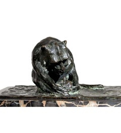 Statue en bronze de singe avec tortue par Guido Righetti (1875-1958)