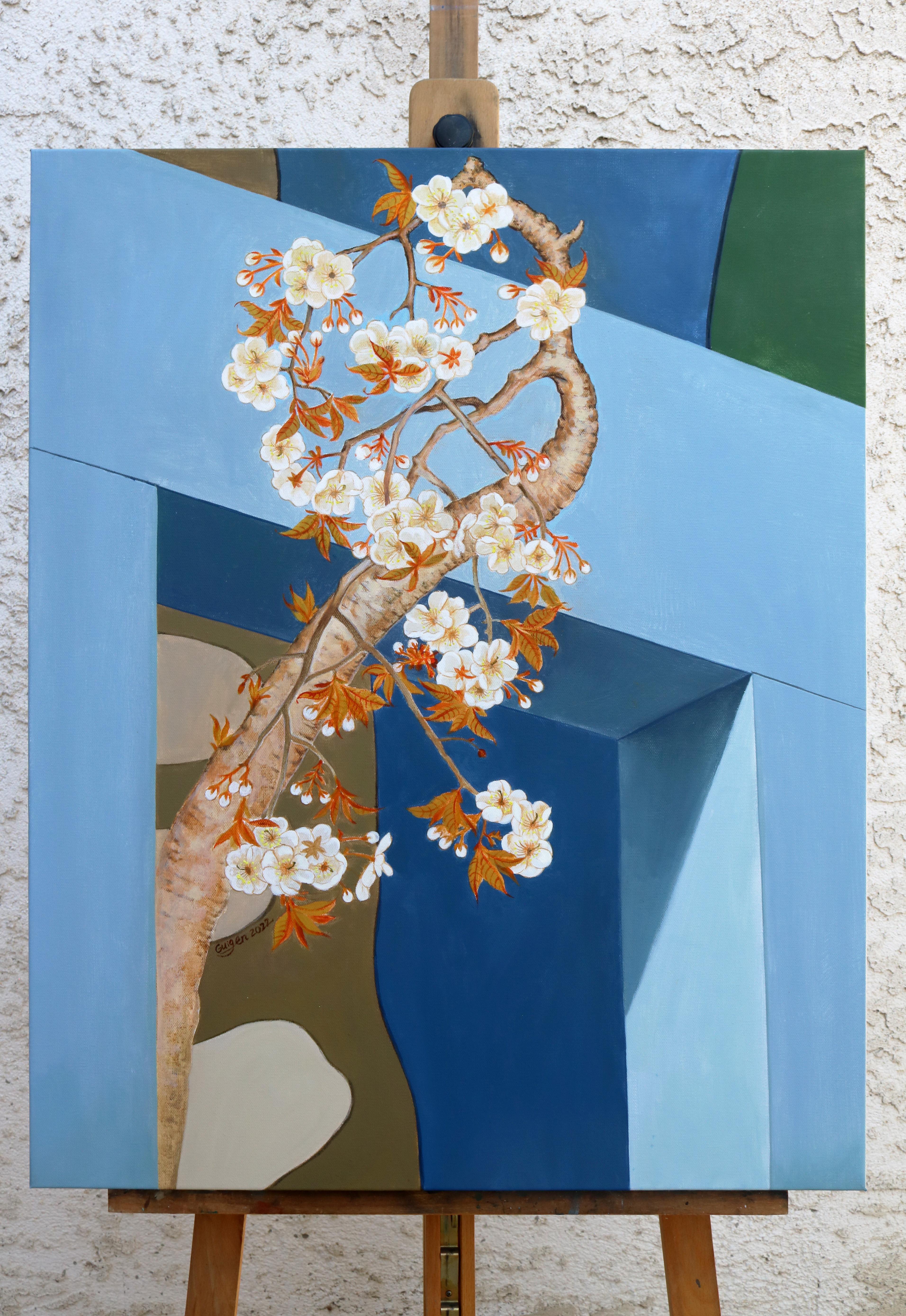 <p>Artist Comments<br>In skilled realism, artist Guigen Zha displays a plum branch blooming out of a pale blue wall. The curvature of the tree contrasts strongly with the rigidity of the geometric structure. The interpolation represents the