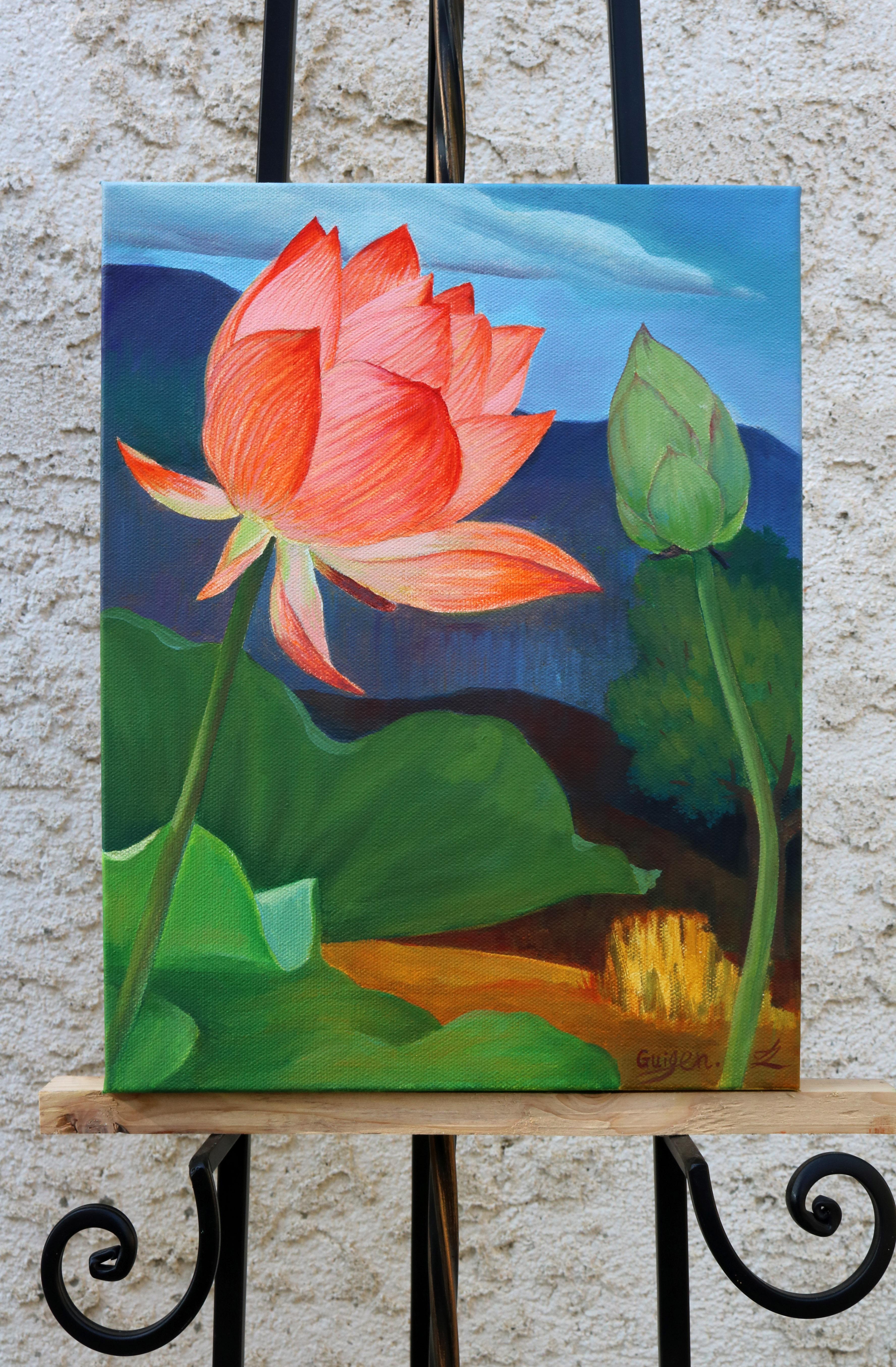 <p>Commentaires de l'artiste<br>L'artiste Guigen Zha représente un lotus rouge dodu en train de fleurir face à un bourgeon en développement. Il peint dans son style distinct de réalisme qui préserve un sens de l'introspection fantaisiste. Les fleurs
