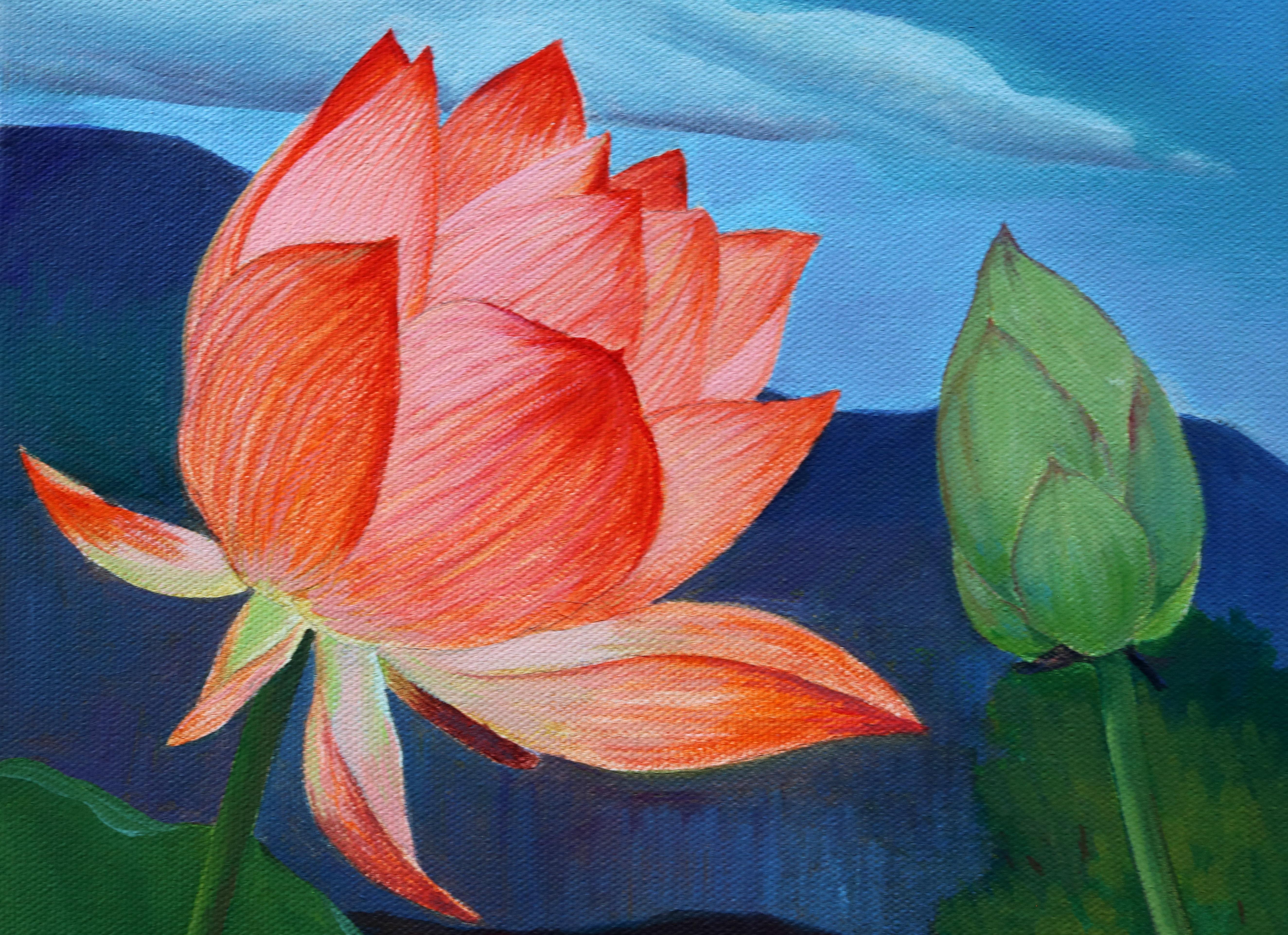 <p>Artist Comments<br>Artist Guigen Zha pictures a plump red lotus blooming opposite a developing bud. He paints in his distinct style of realism that preserves a sense of whimsical introspection. The flowers raise their heads high from the pond,