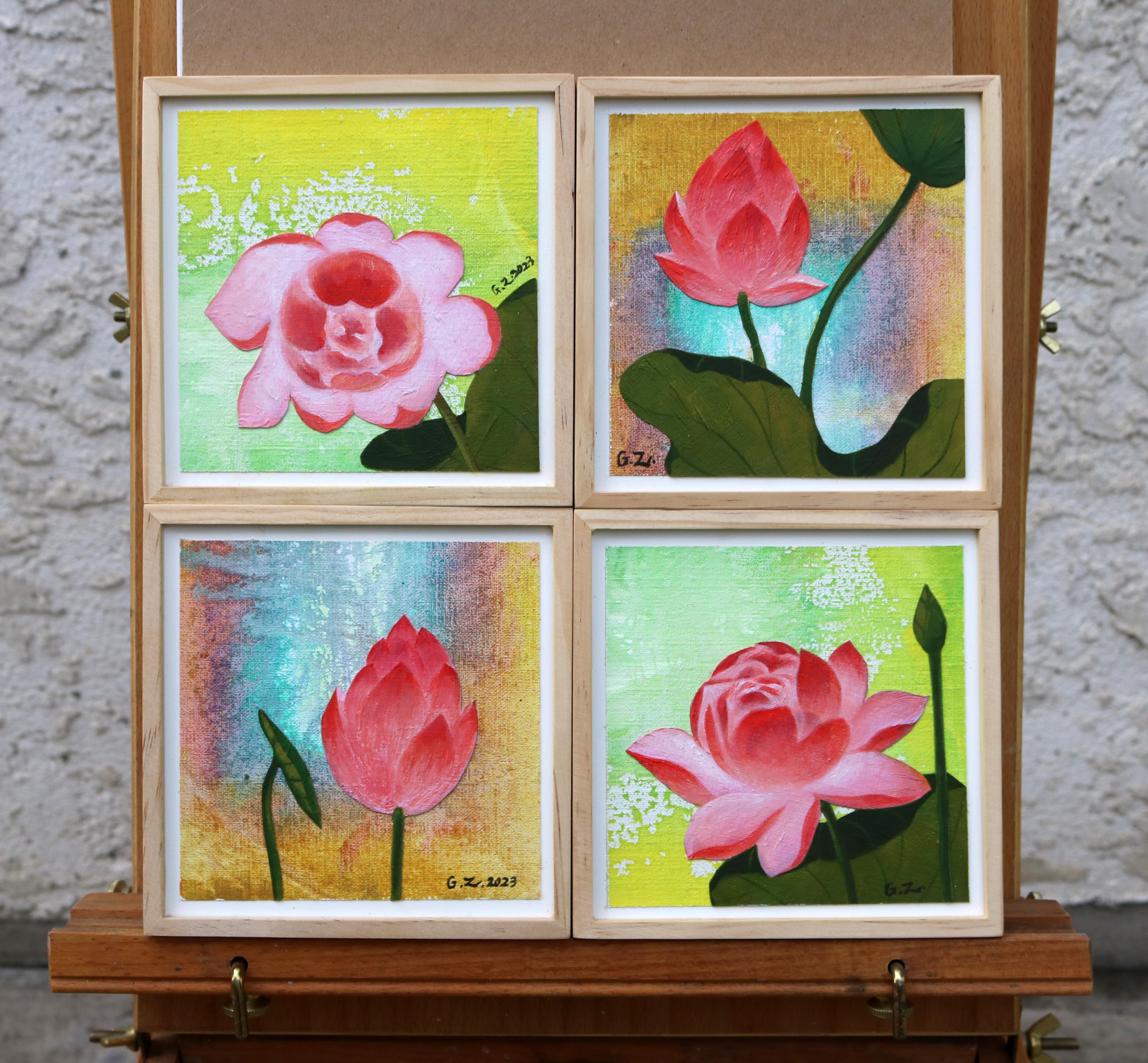 <p>Artist Comments<br>Artist Guigen Zha presents a quadriptych of pink lotuses in varying positions and stages of growth. He creates an eye-catching contrast by realistically painting the flowers over the abstract gradient background. Guigen