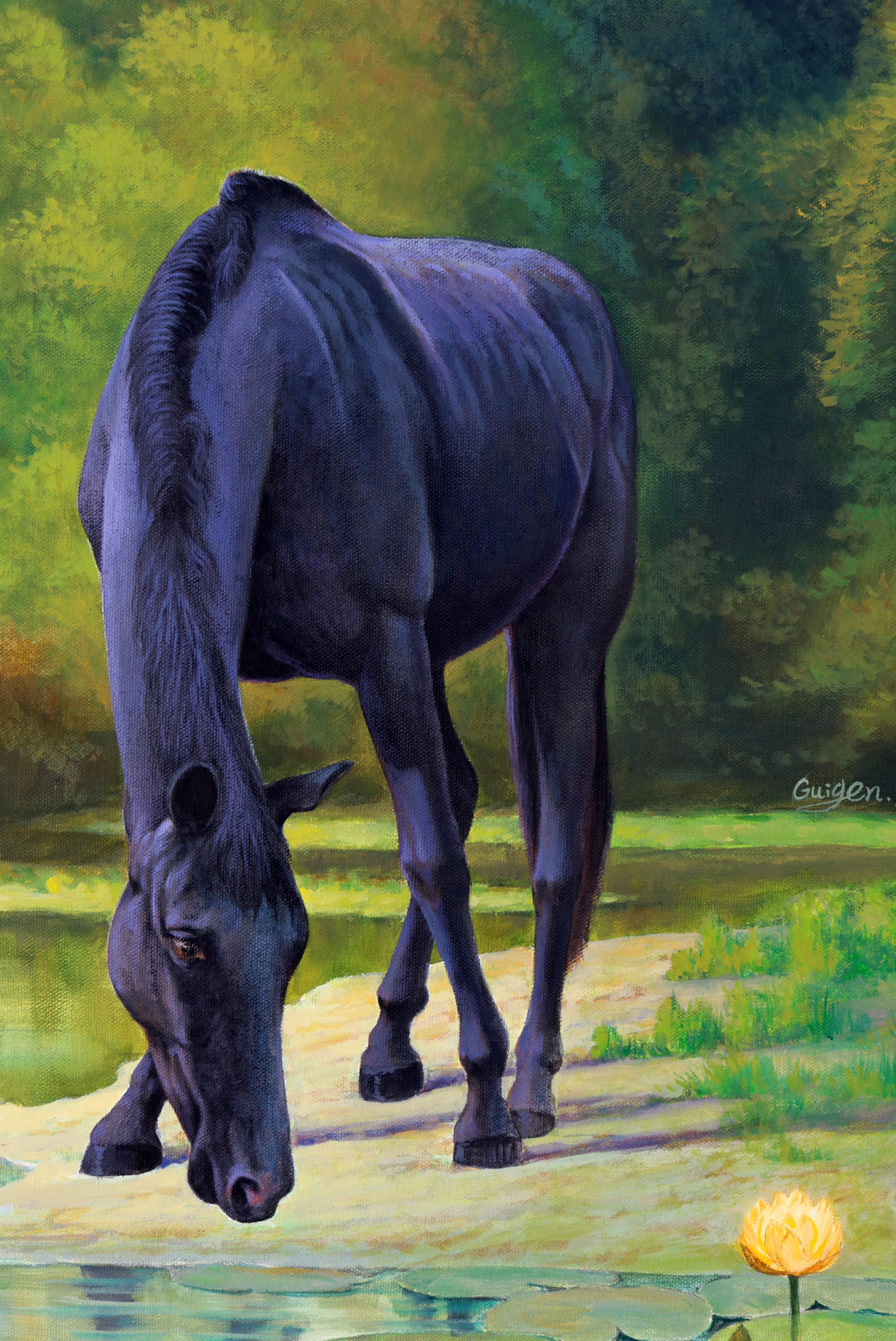 <p>Commentaires de l'artiste<br>Dans son style réaliste distinct, l'artiste Guigen Zha représente un cheval noir buvant de l'eau dans un étang de nénuphars paisible. Une partie de sa série Dreamland met en lumière les aspects fantaisistes de la