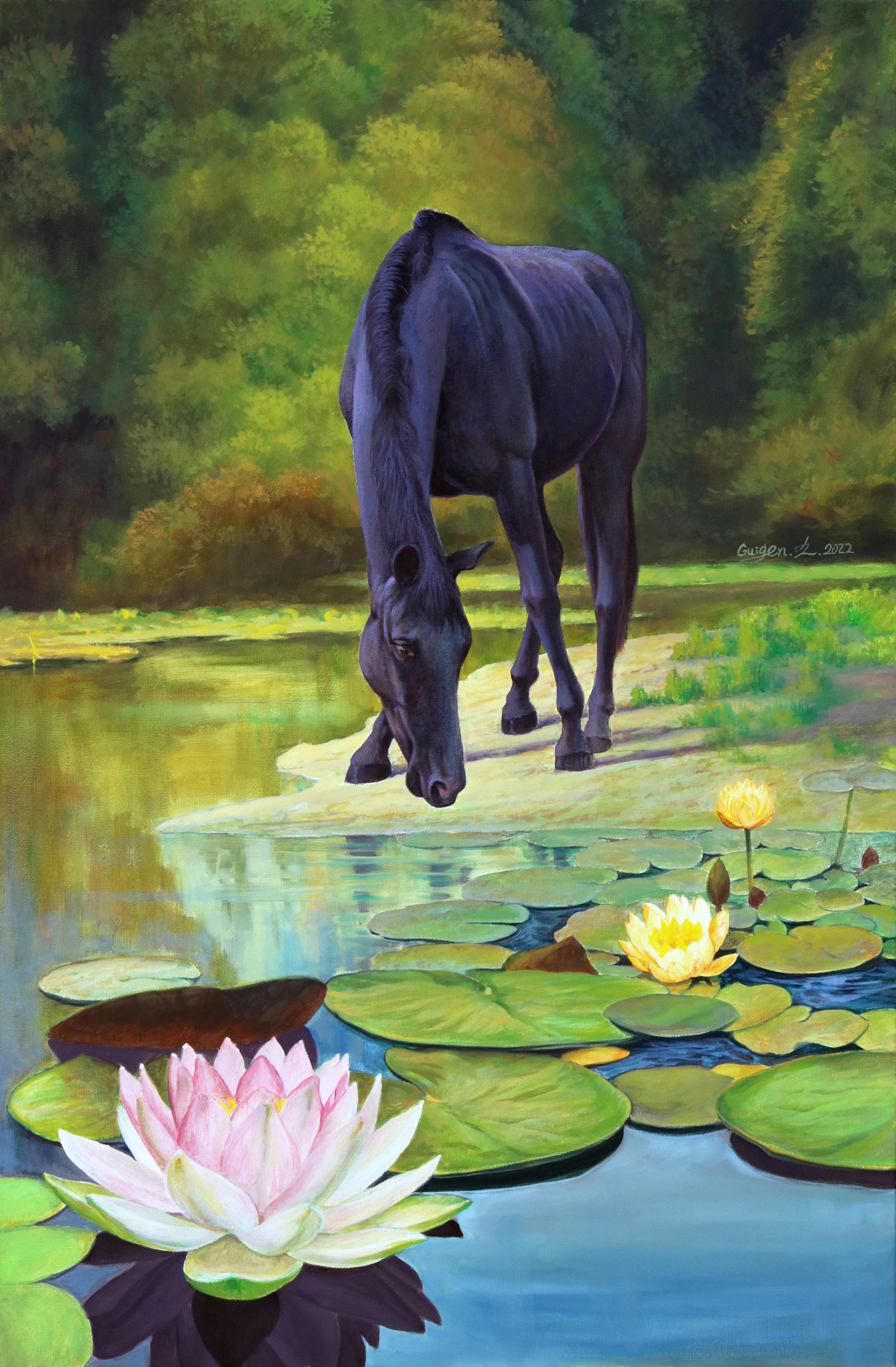 Guigen Zha Animal Painting - Dreamland. Black, Oil Painting