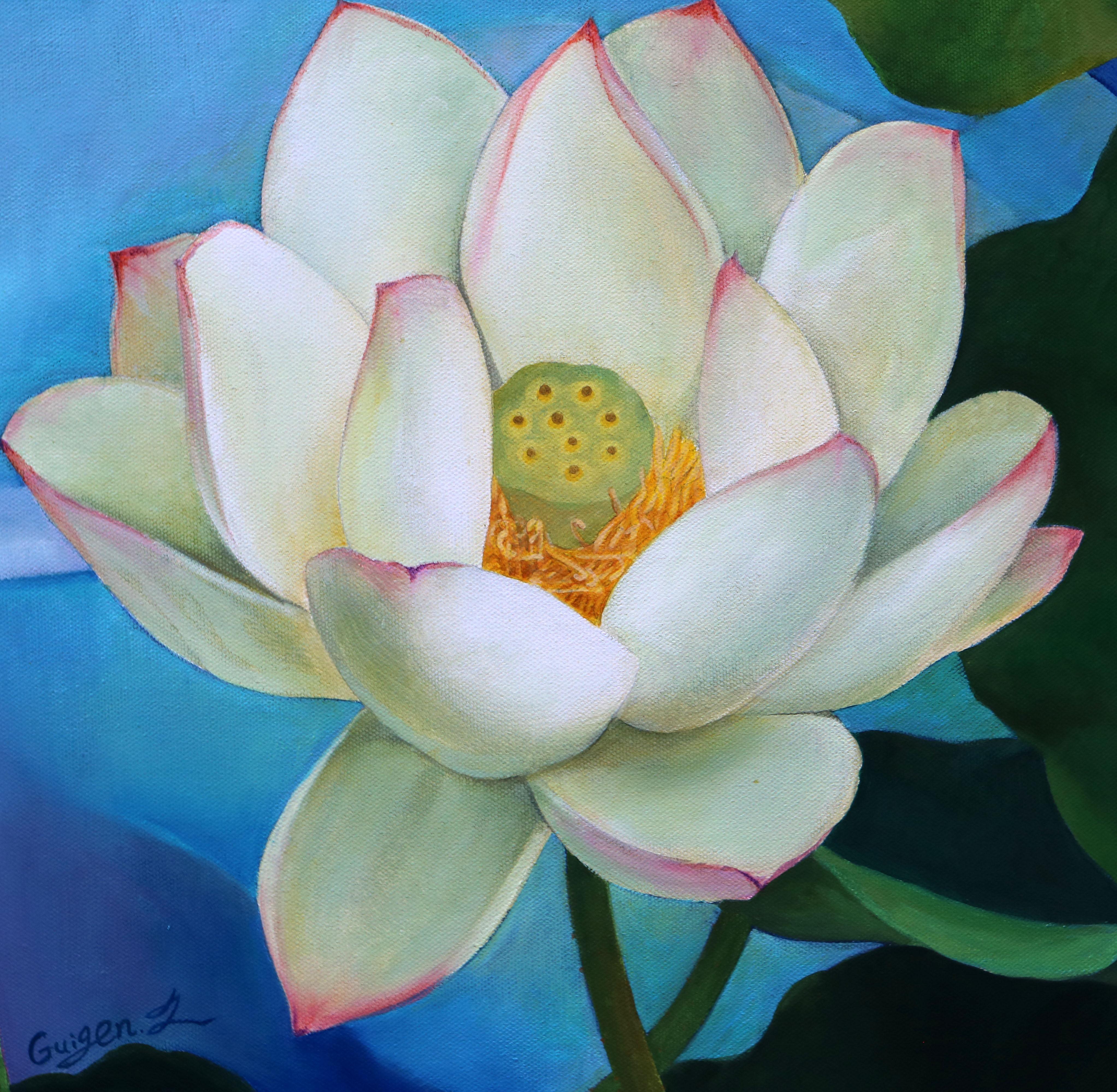 <p>Artist Comments<br>Artist Guigen Zha displays an exquisite white lotus in stark focus and realistic detail. The flower flourishes with velvety white petals and tender pink tips. The long-stemmed leaves reflect its beauty in the pristine turquoise