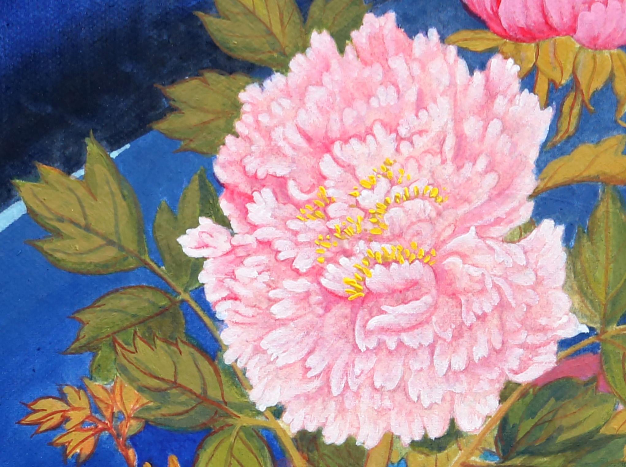 <p>Artist Comments<br>Artist Guigen Zha paints a realistic still life of blooming pink peonies. He places the vibrant flowers in a vase, softly lit by the night sky. 