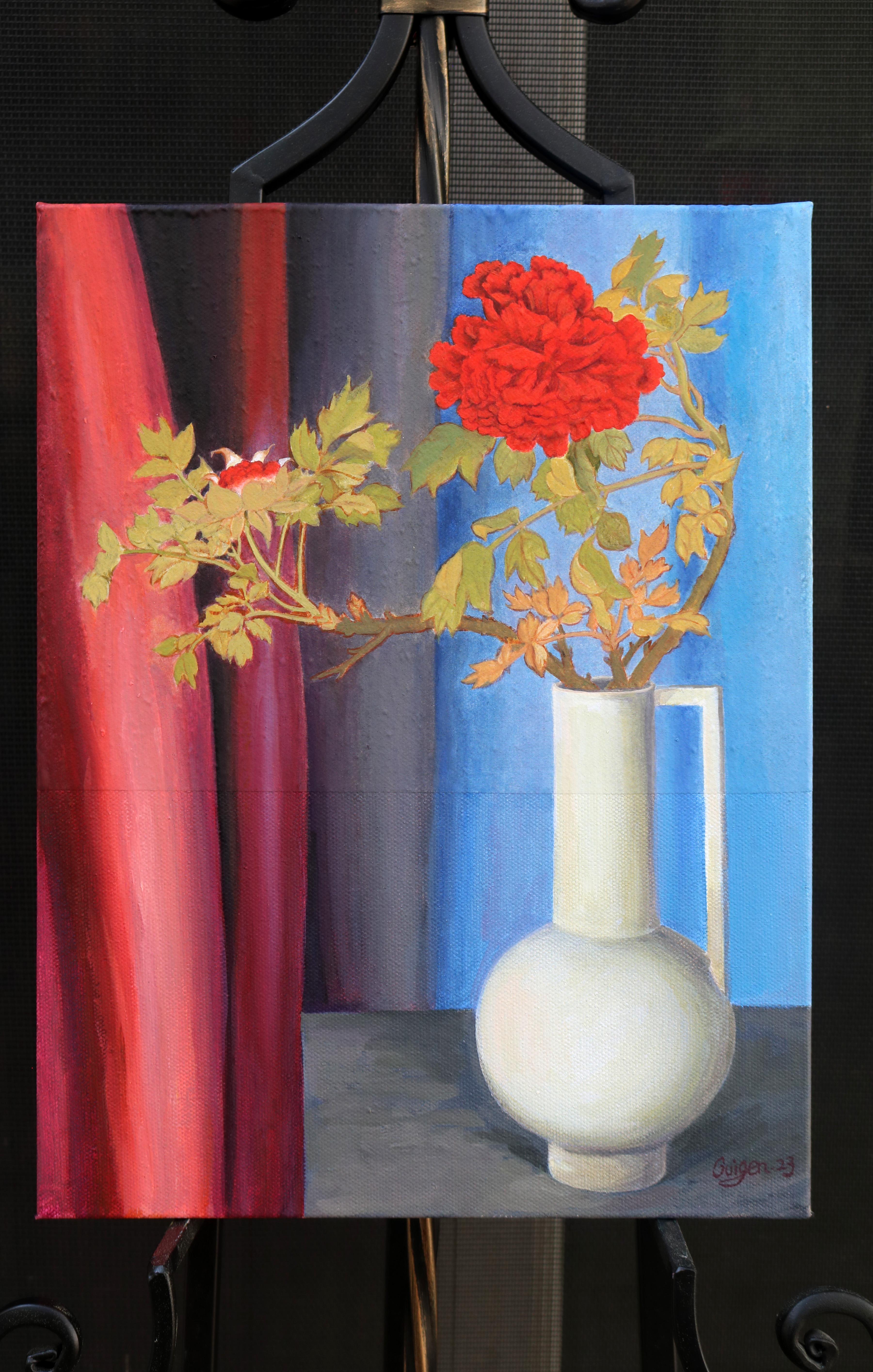 <p>Artist Comments<br>Artist Guigen Zha paints two red peonies looking at each other in a white vase. The lively flowers bloom one after another in a realistic fashion. The flowers lose their root system when they are pruned and placed in a vase