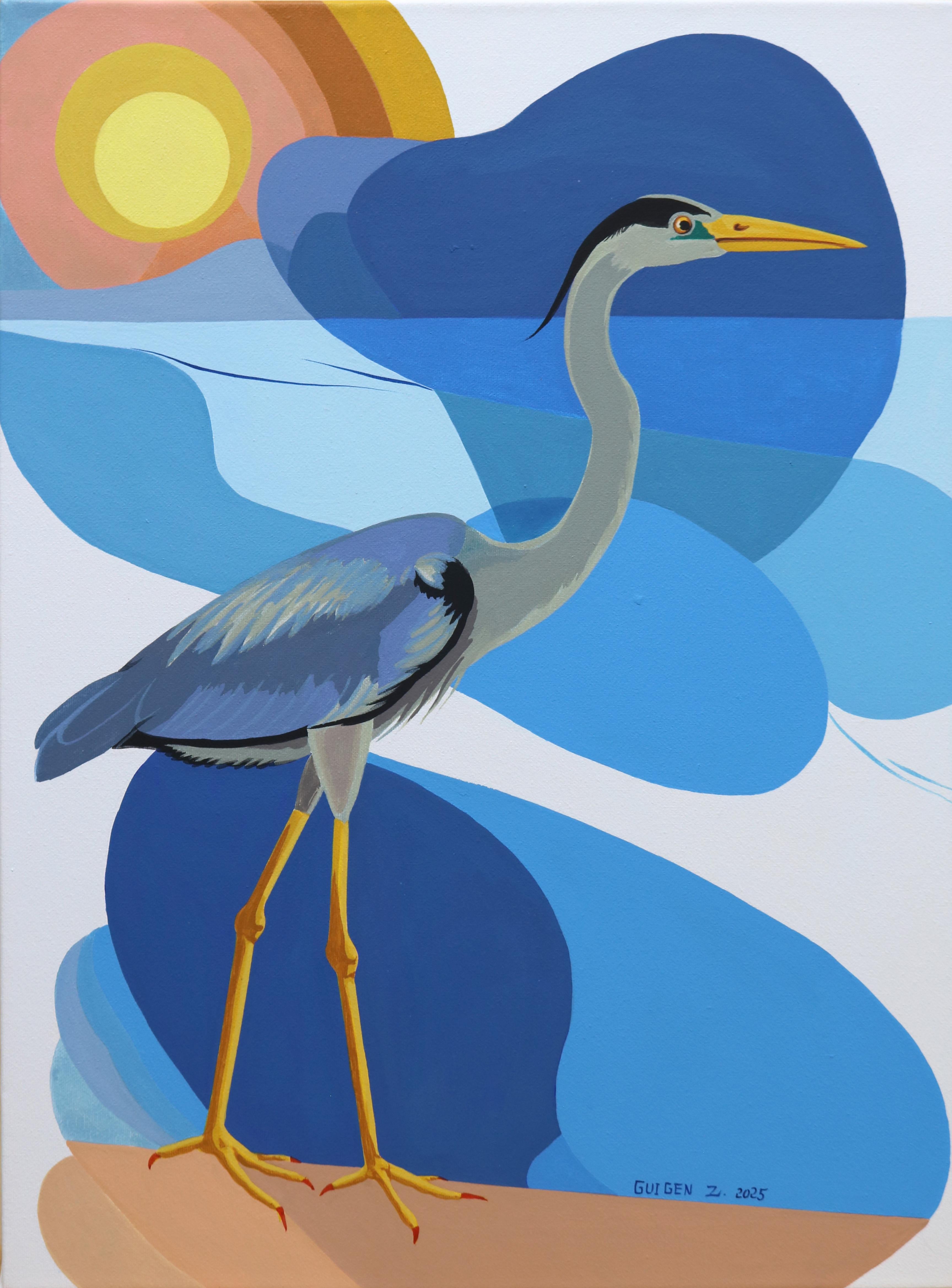 Guigen Zha Animal Painting – Vogel. Ozean, Originalgemälde