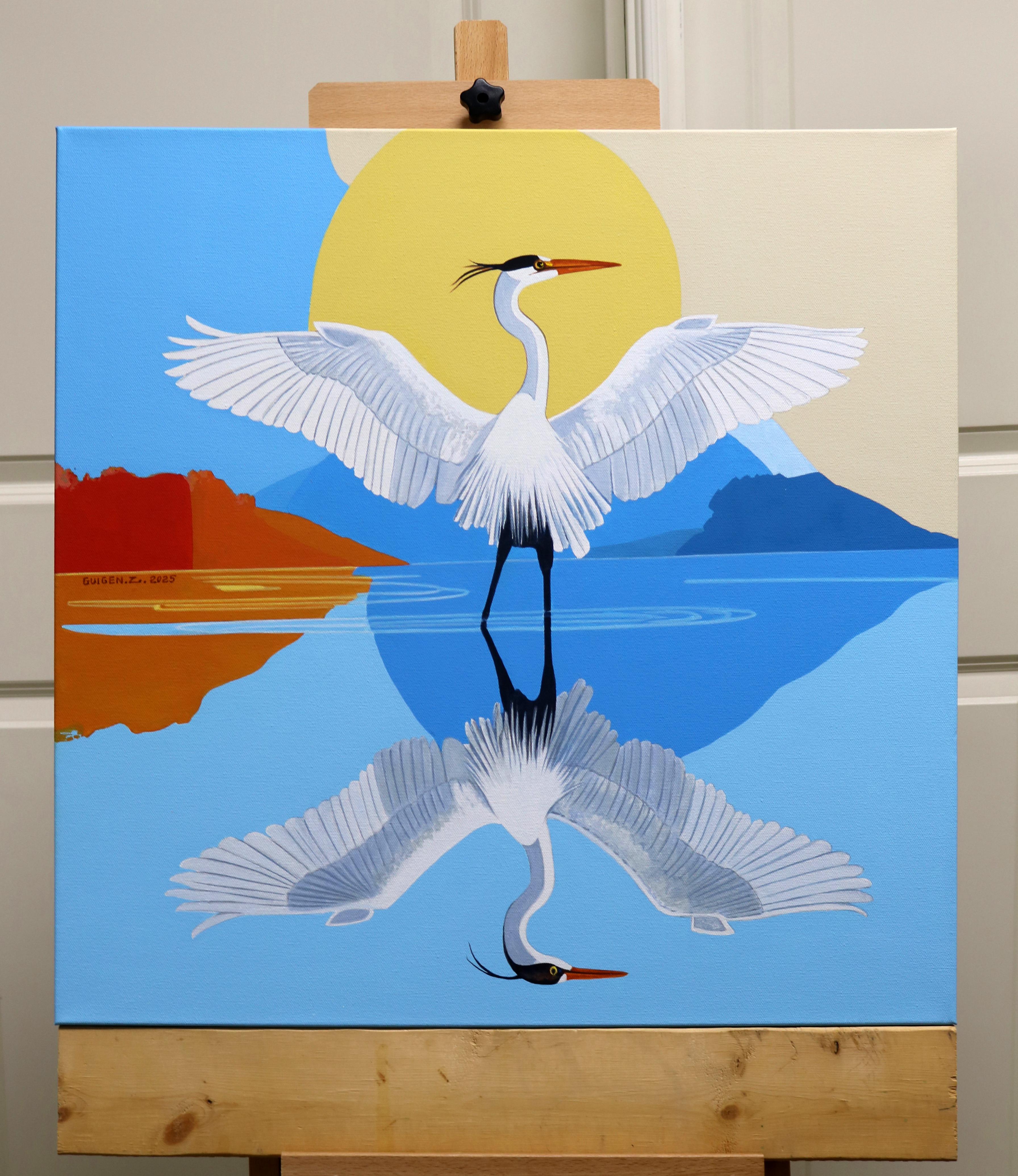<p>Artist Comments<br>A heron stretches its wings, mirrored perfectly in the water below. The rising sun and distant mountains add a subtle, dramatic backdrop. Simplified shapes enhance the paintingâ€™s graphic quality, while the symmetrical