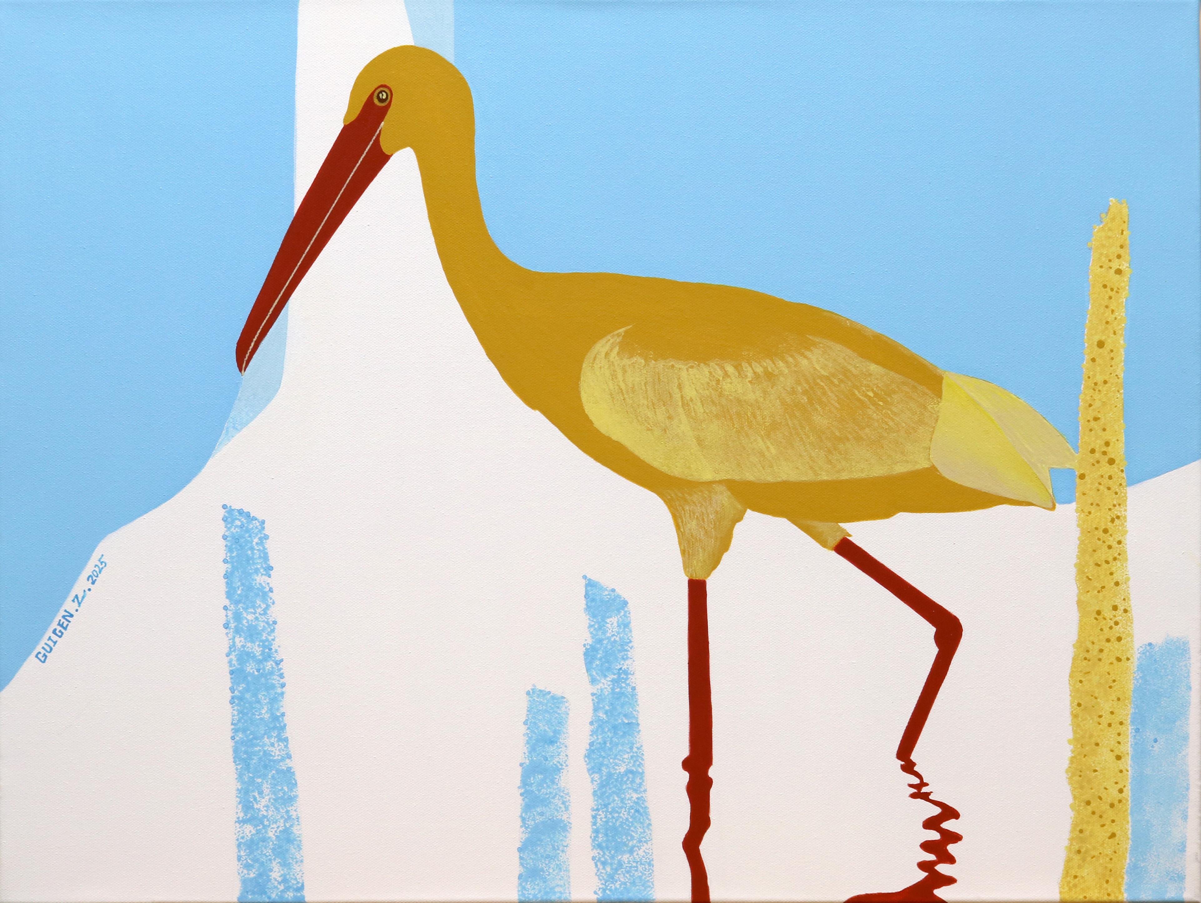 Guigen Zha Animal Painting – Vogel. Fluss, Originalgemälde