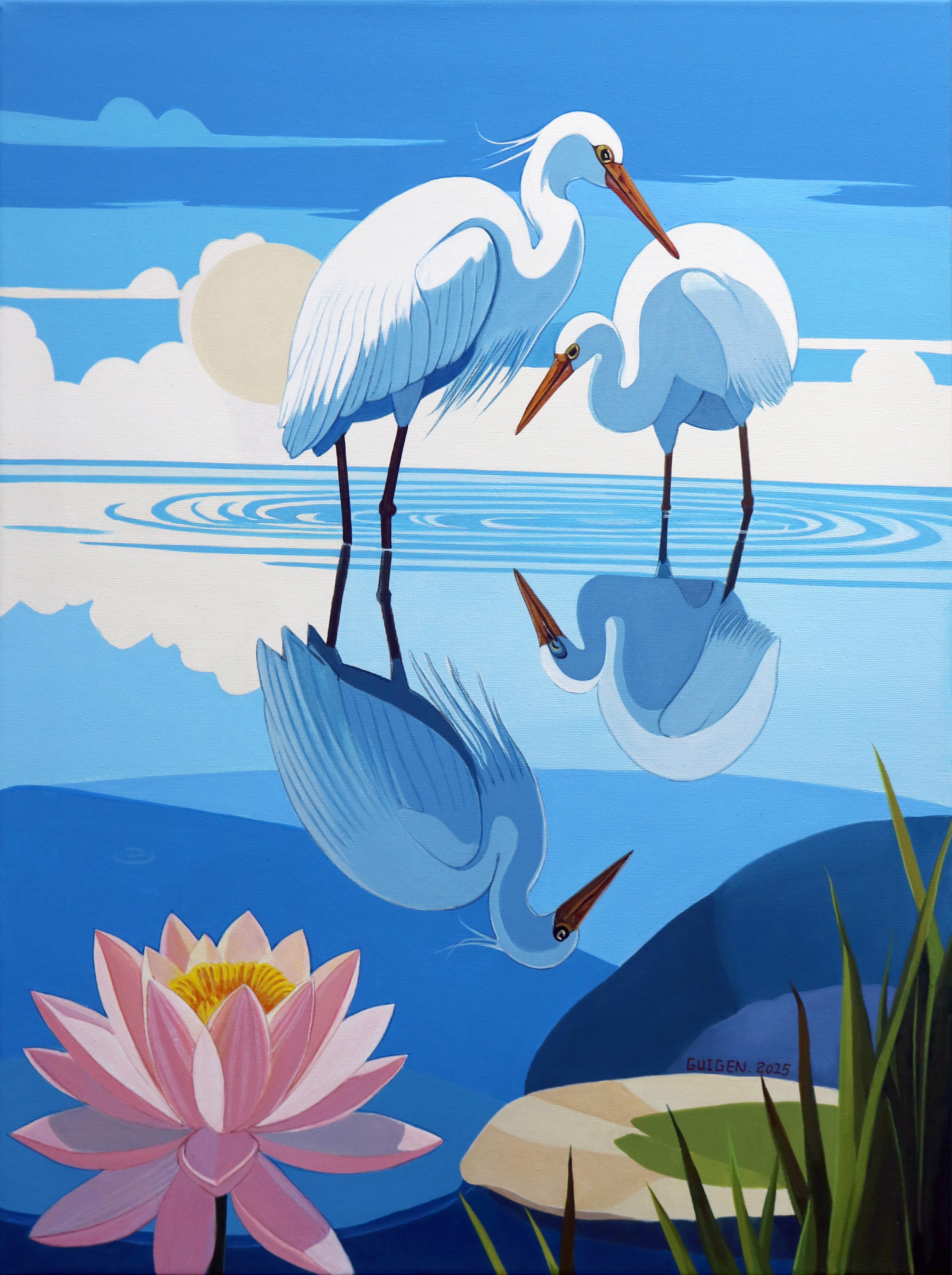 Guigen Zha Landscape Painting – Vogel. Tranquility, Originalgemälde