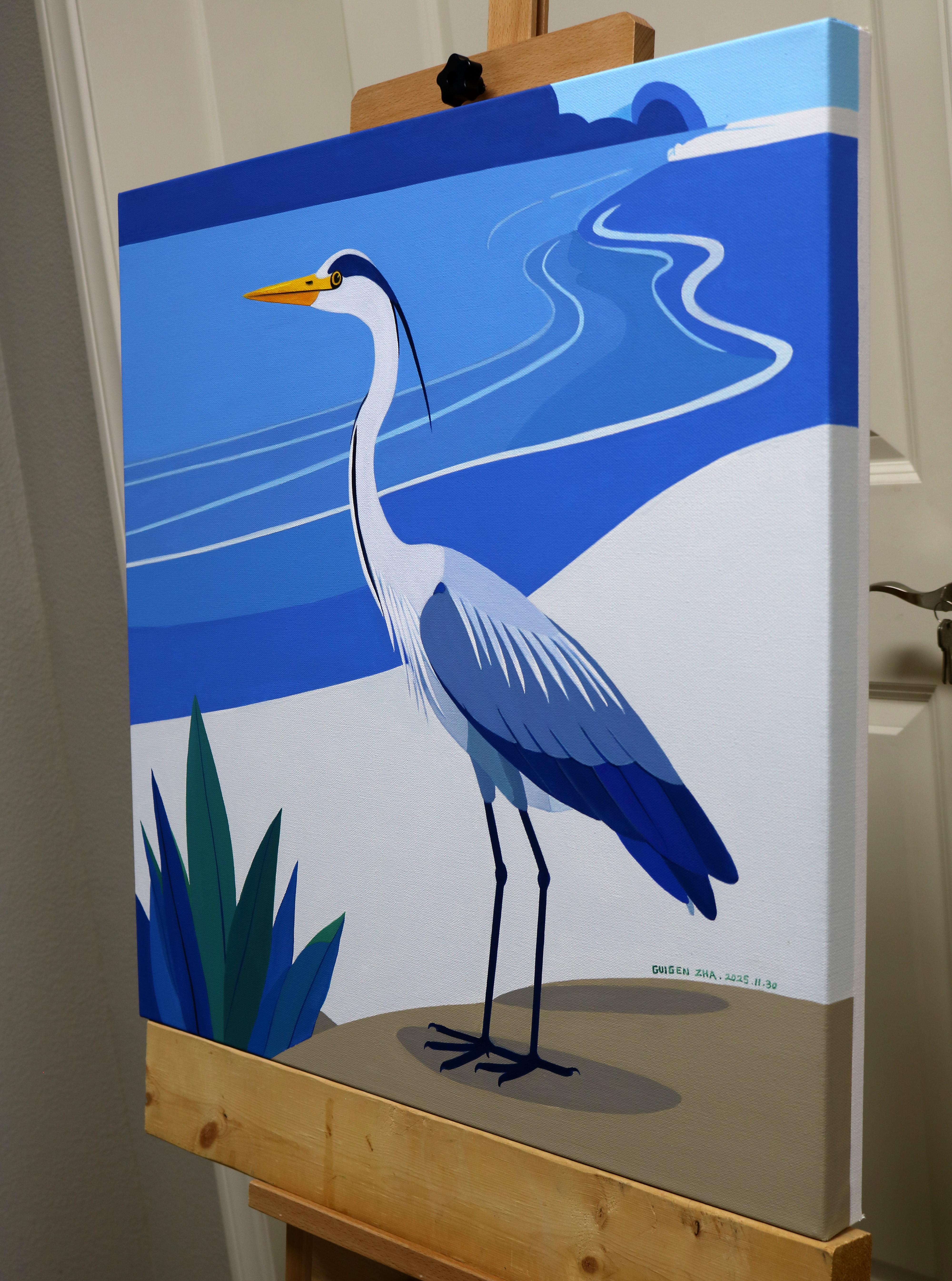 Bird. Watching, Original Painting (Blau), Animal Painting, von Guigen Zha