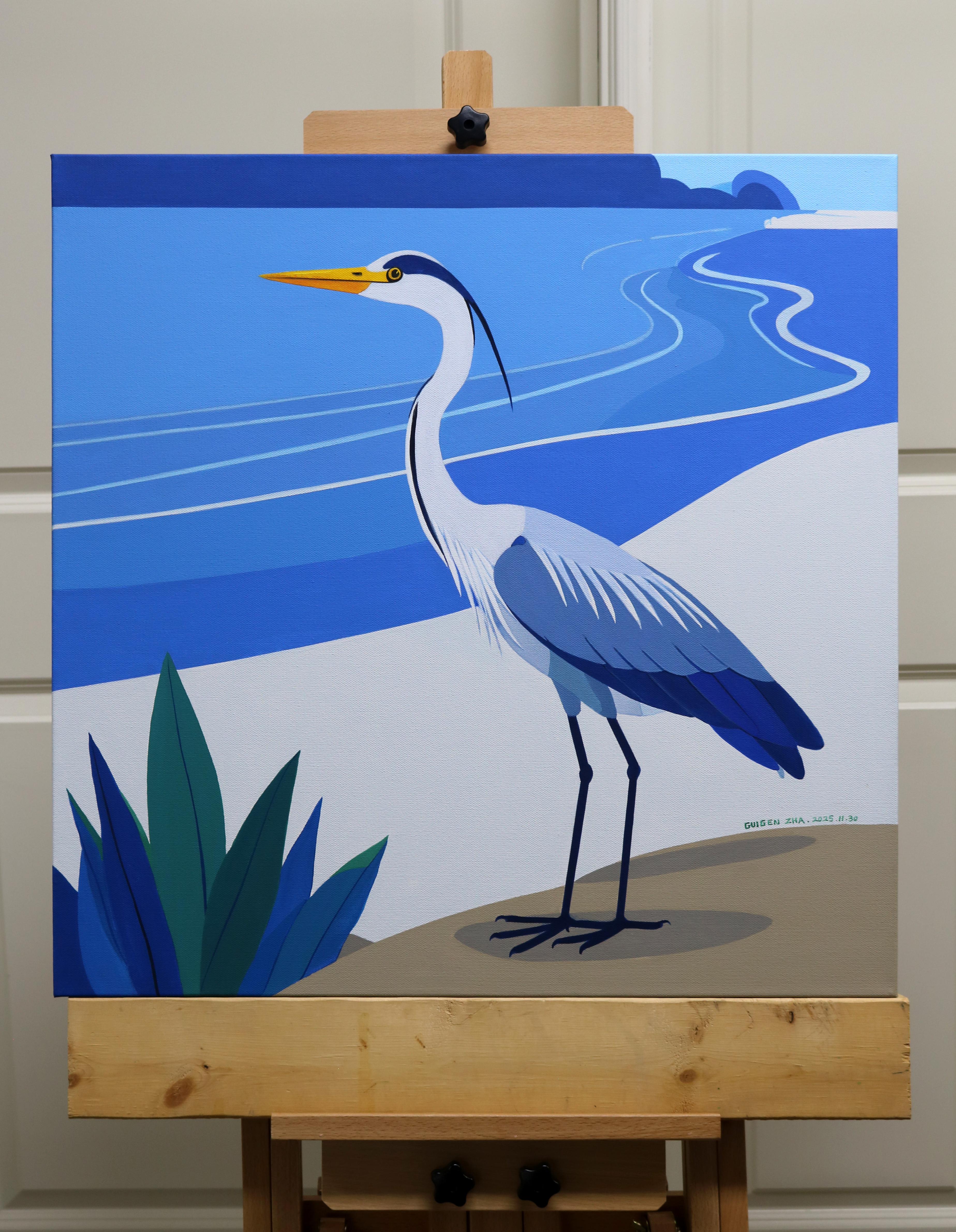 <p>Artist Comments<br>A serene, stylized painting depicts a heron standing elegantly on a sandy beach beside a clump of greenery. A calm ocean and distant landforms provide a harmonious backdrop. The bird is rendered with the effect of blue and