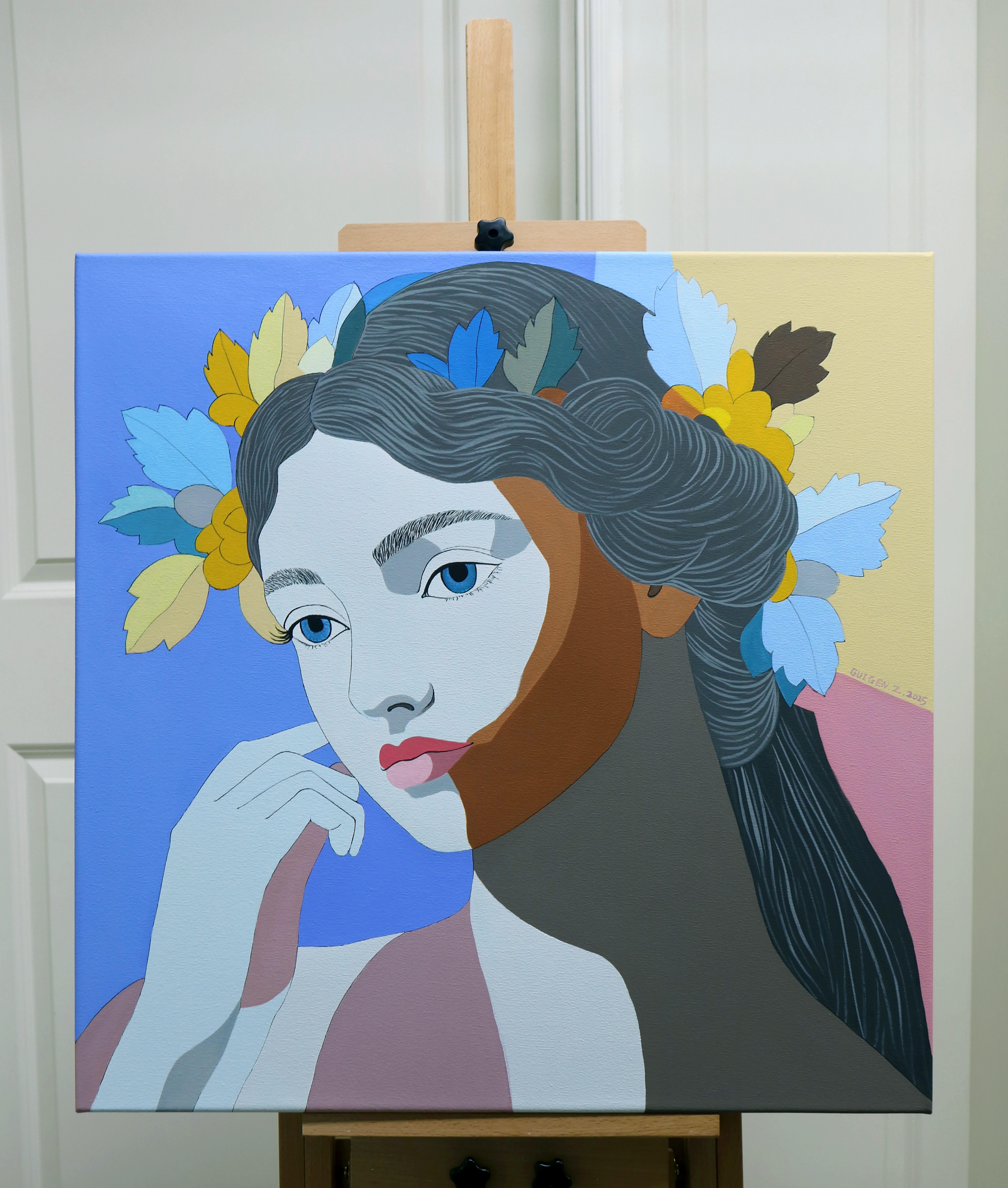 <p>Artist Comments<br>A stylized portrait presents a girl crowned with flowers. Bold flat colors, simplified forms, and geometric shapes lend the piece an Art Deco flair, while also recalling classical portraiture reimagined for today. The result is