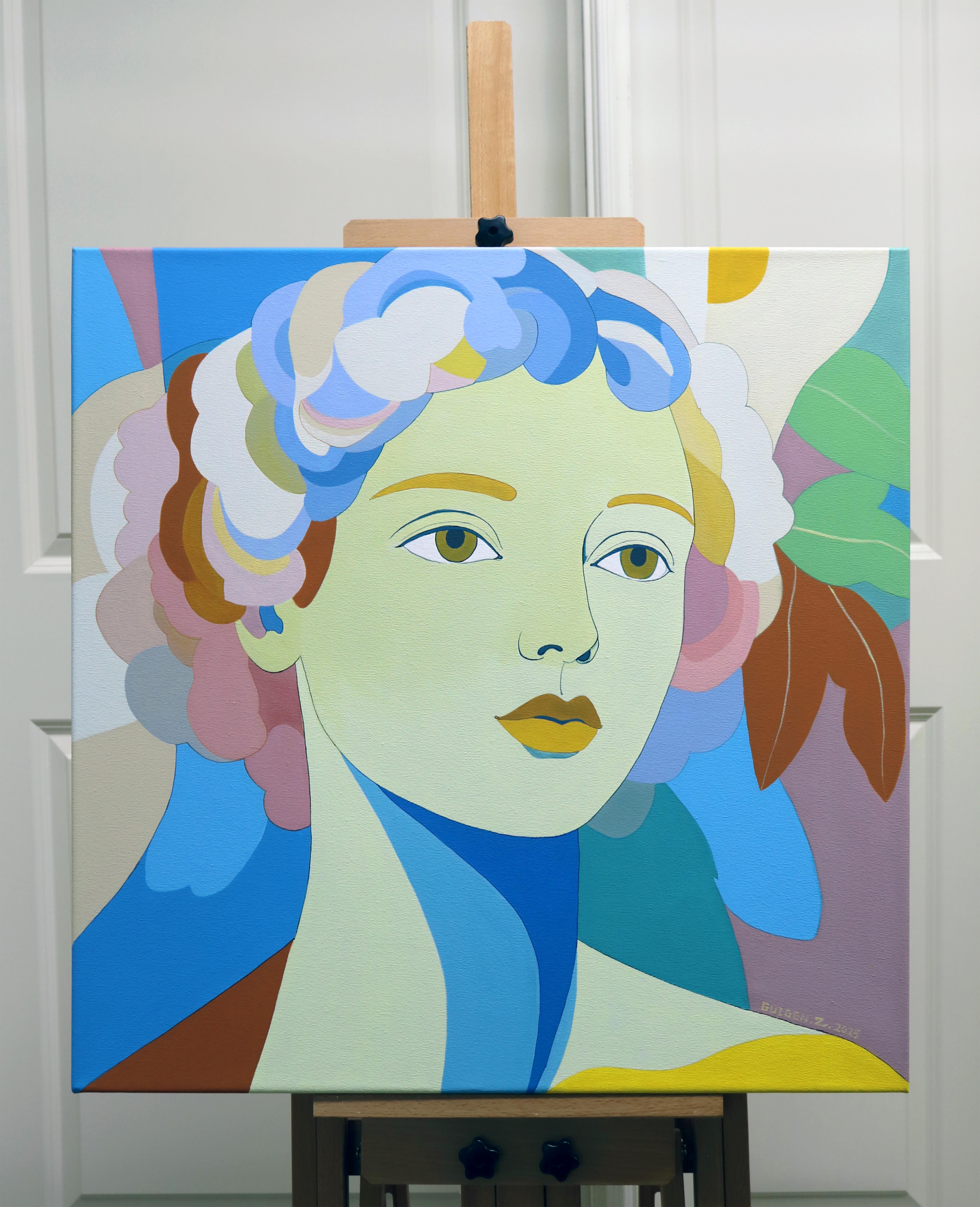 <p>Artist Comments<br>This stylized portrait depicts a girl's head and shoulders, her pale green face glowing like moonlight. Pastel hues swirl through her hair, forming the impression of a floral crown or halo. Flat colors, simplified forms, and
