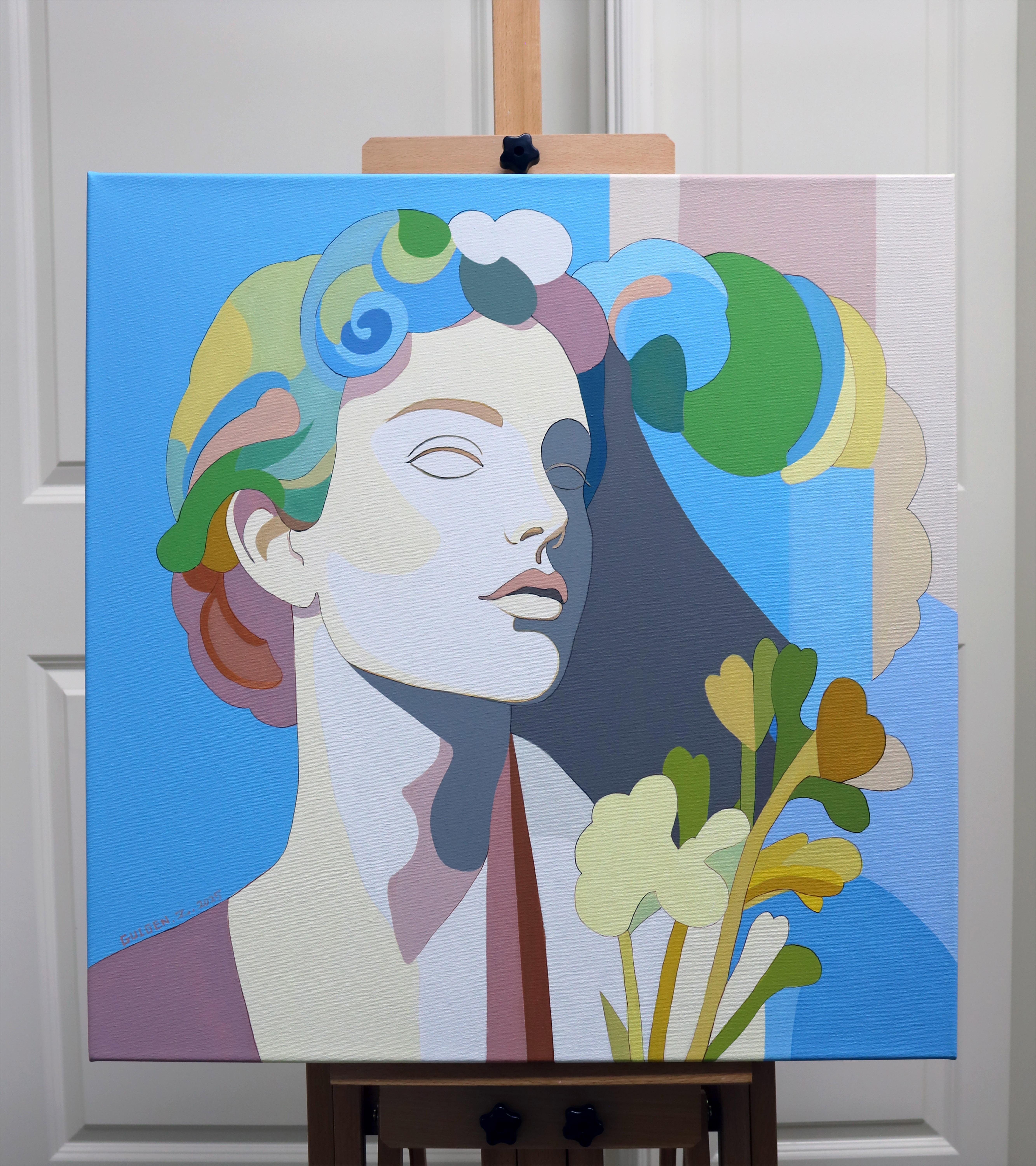 <p>Artist Comments<br>A stylized portrait depicts a girl using bold blocks of color. Her face appears simplified and almost sculptural, rendered in muted tones of beige, grey, and pink. Swirling shapes in blue, green, and yellow suggest movement and