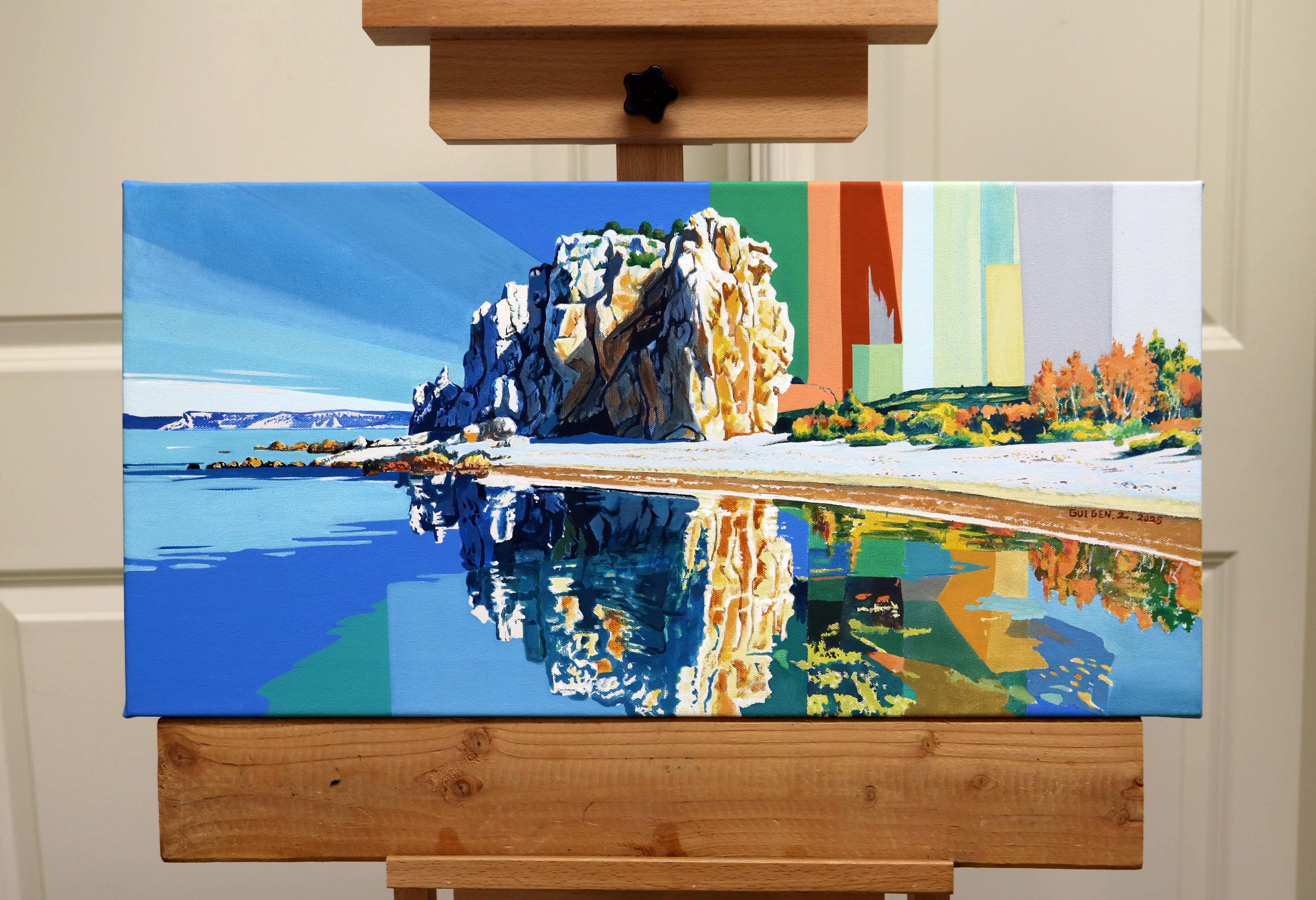 <p>Kommentare des Künstlers<br>Dieses zeitgenössische Gemälde von Boulders Beach zeigt eine stilisierte, malerische Interpretation der Küste. Auf der linken Seite fällt eine felsige Klippe zum Strand hin ab und trifft auf das azurblaue Wasser