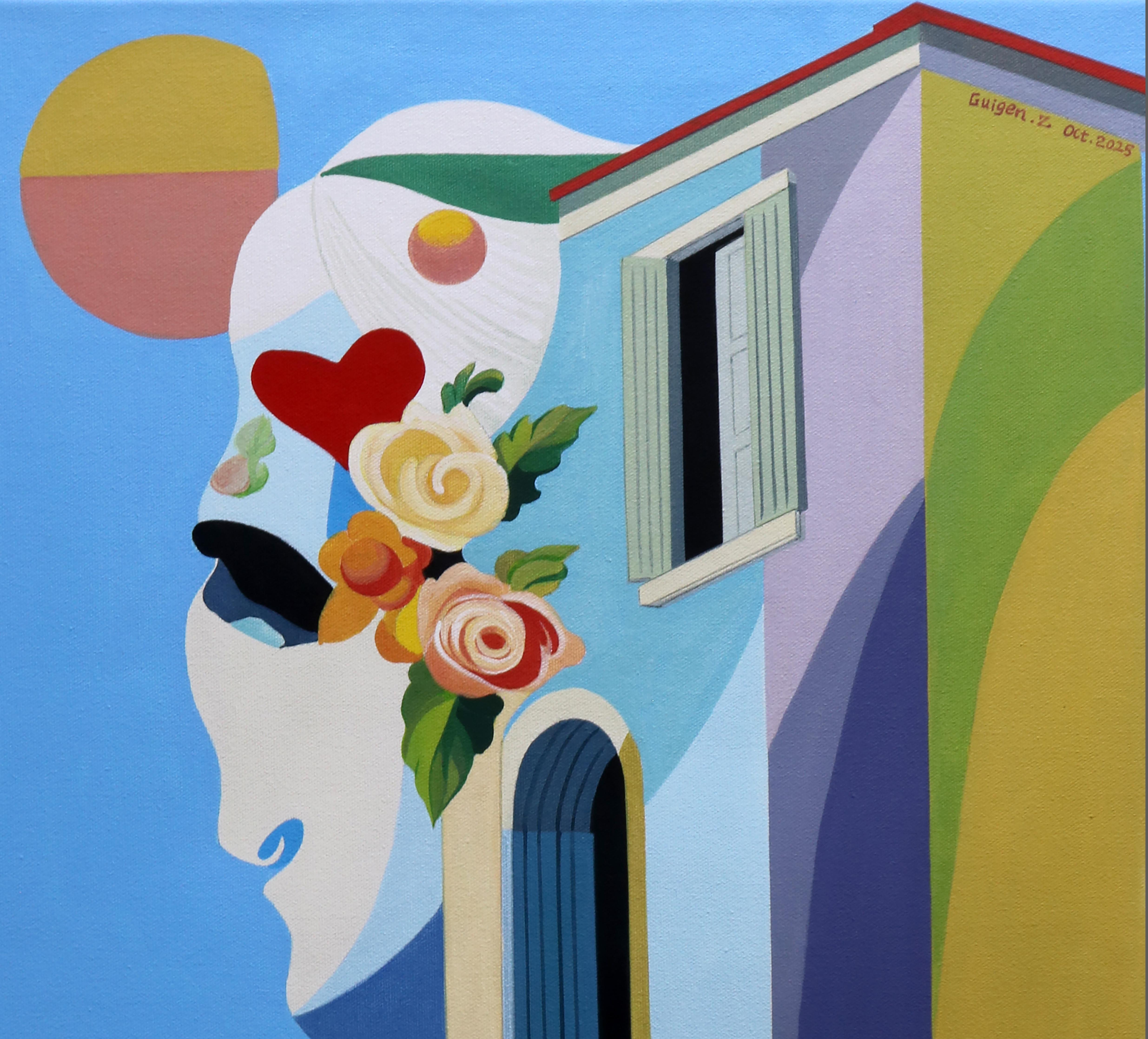 Isla. Casa fantasma, Pintura original - Interior Painting Azul de Guigen Zha