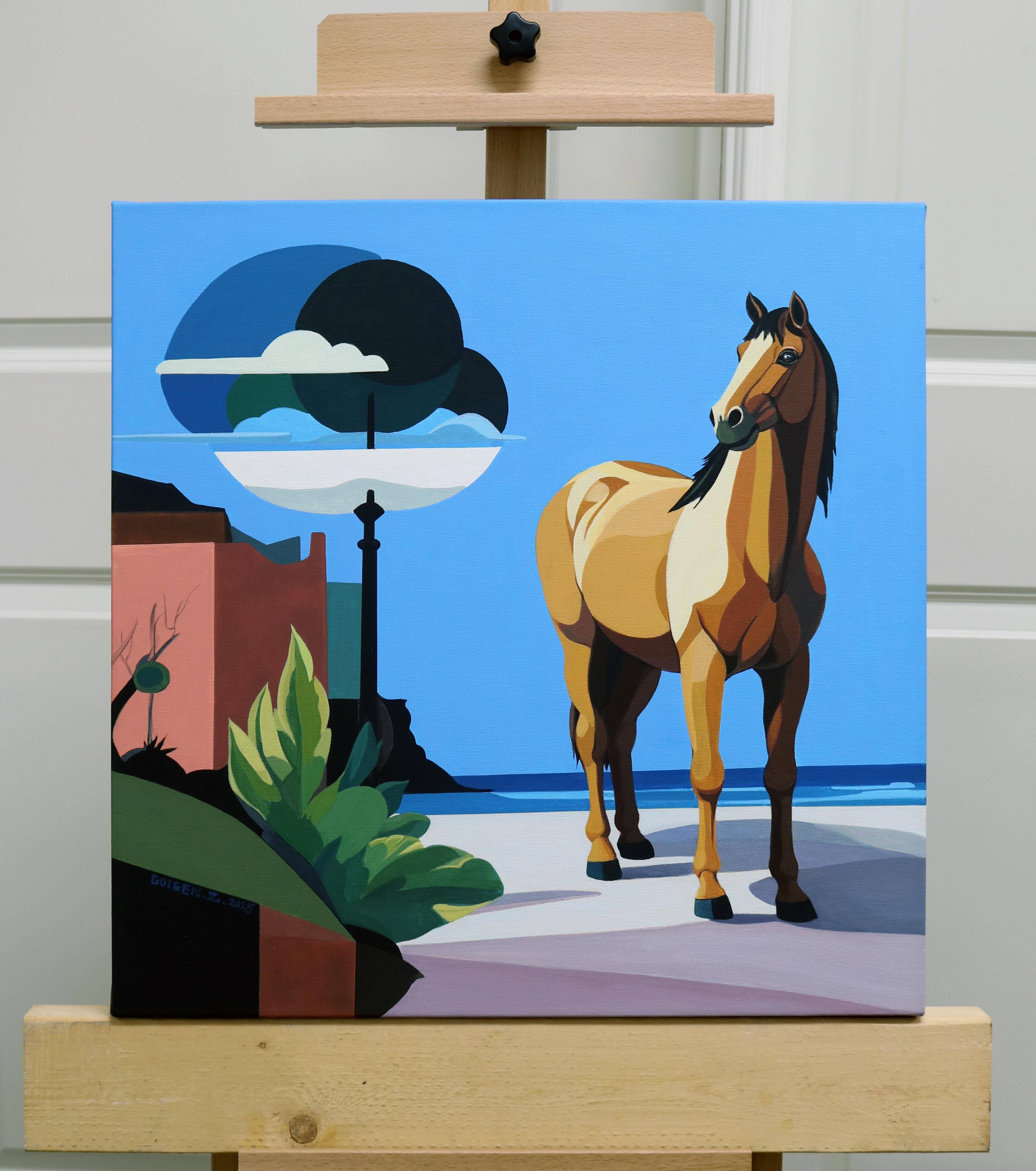 <p>Kommentare des Künstlers<br>Dieses Gemälde zeigt ein Pferd, das vor einer stilisierten Küstenlandschaft steht. Geometrische Formen definieren den Himmel, die Wolken und die Gebäude, während Hintergrundelemente die Komposition ausgleichen und