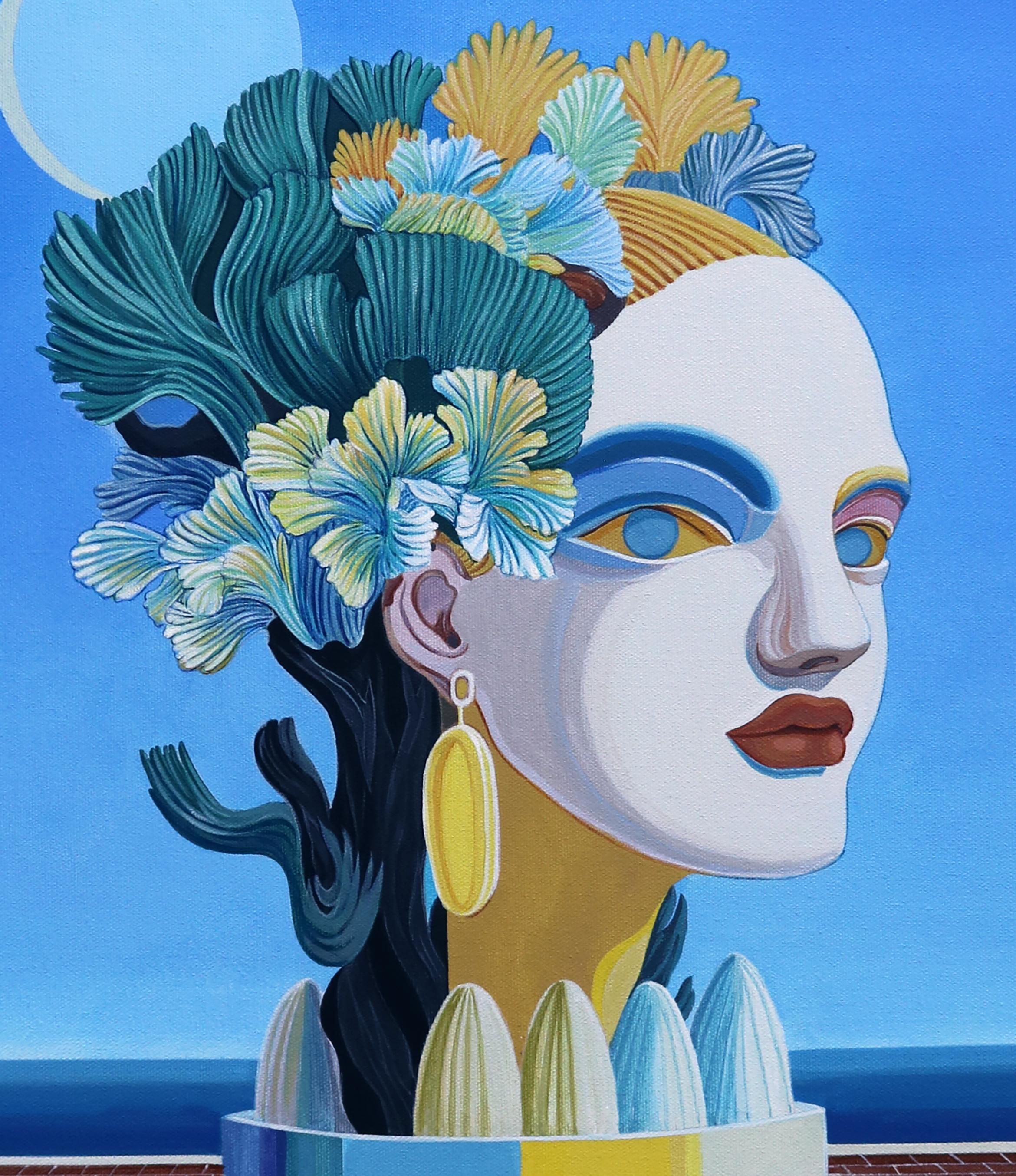 Insel. Frauenskulptur Kopf, Originalgemälde (Blau), Portrait Painting, von Guigen Zha