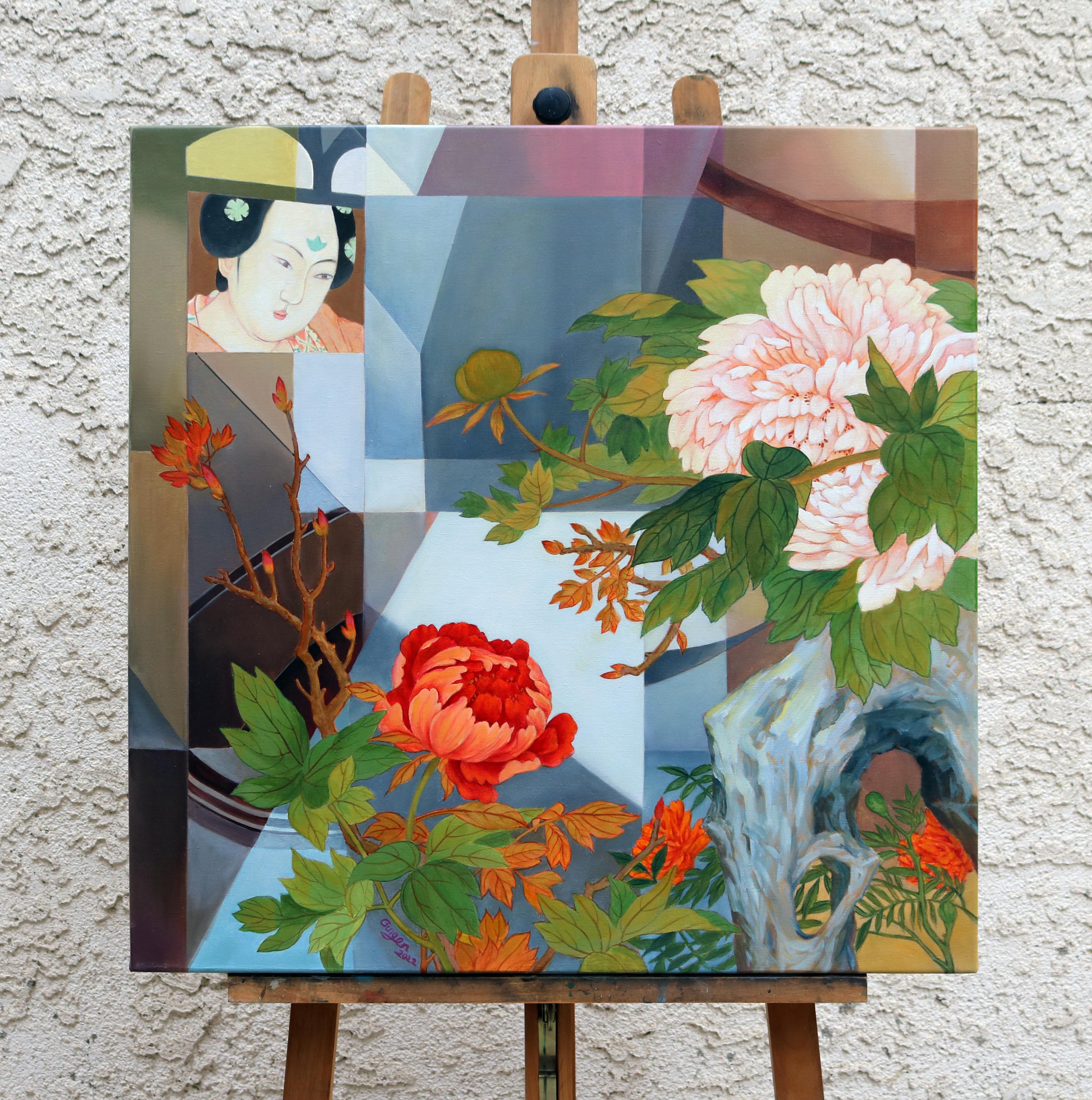 <p>Artist Comments<br>Artist Guigen Zha paints a contemporary piece by combining Chinese art with a geometric landscape. A lady wearing a traditional hanfu observes the other elements of the composition. In the corners, red and pink peonies grow in