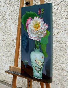 Vaso di prunus con drago, pittura a olio