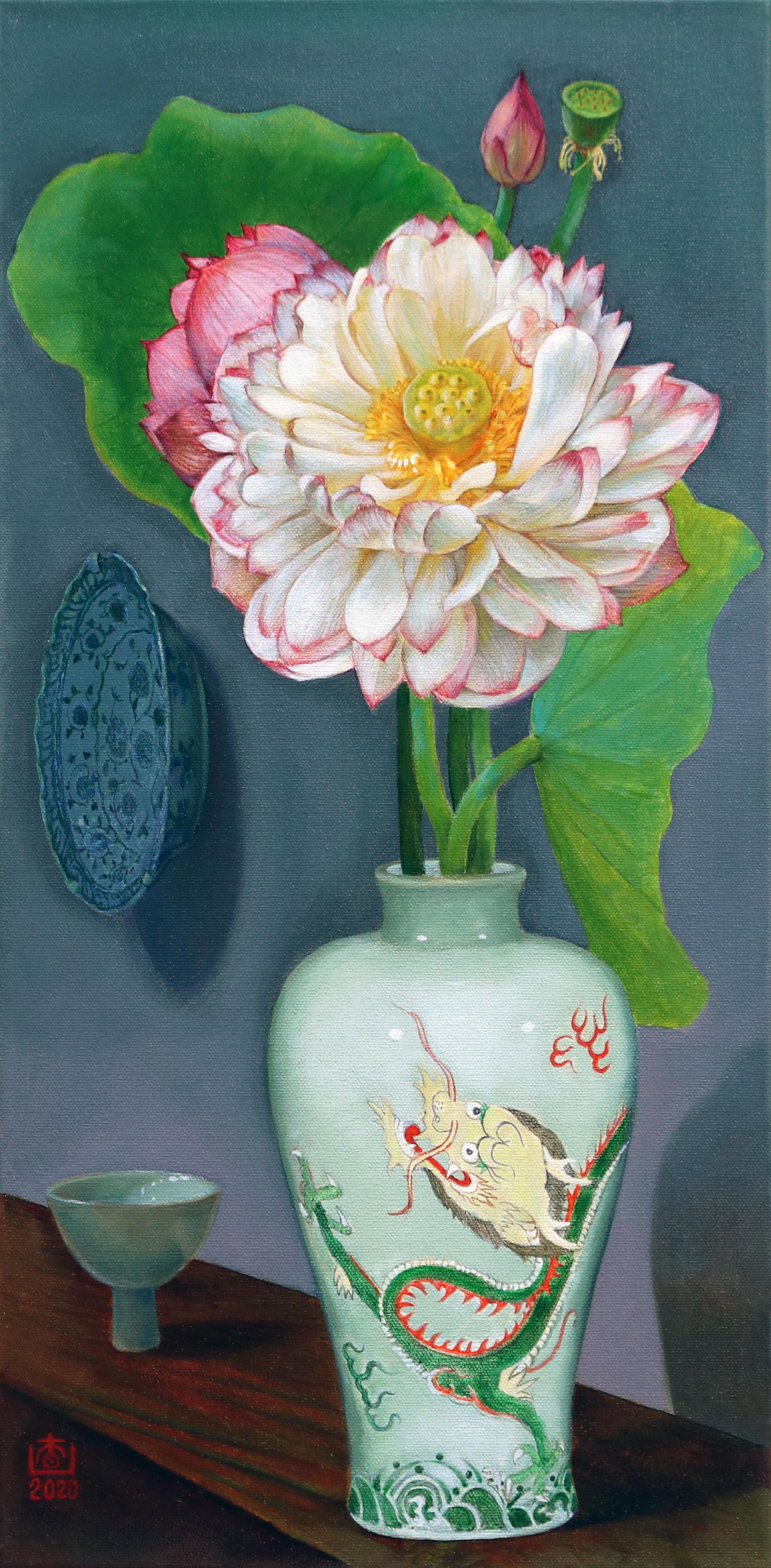 Vaso di prunus con drago, pittura a olio