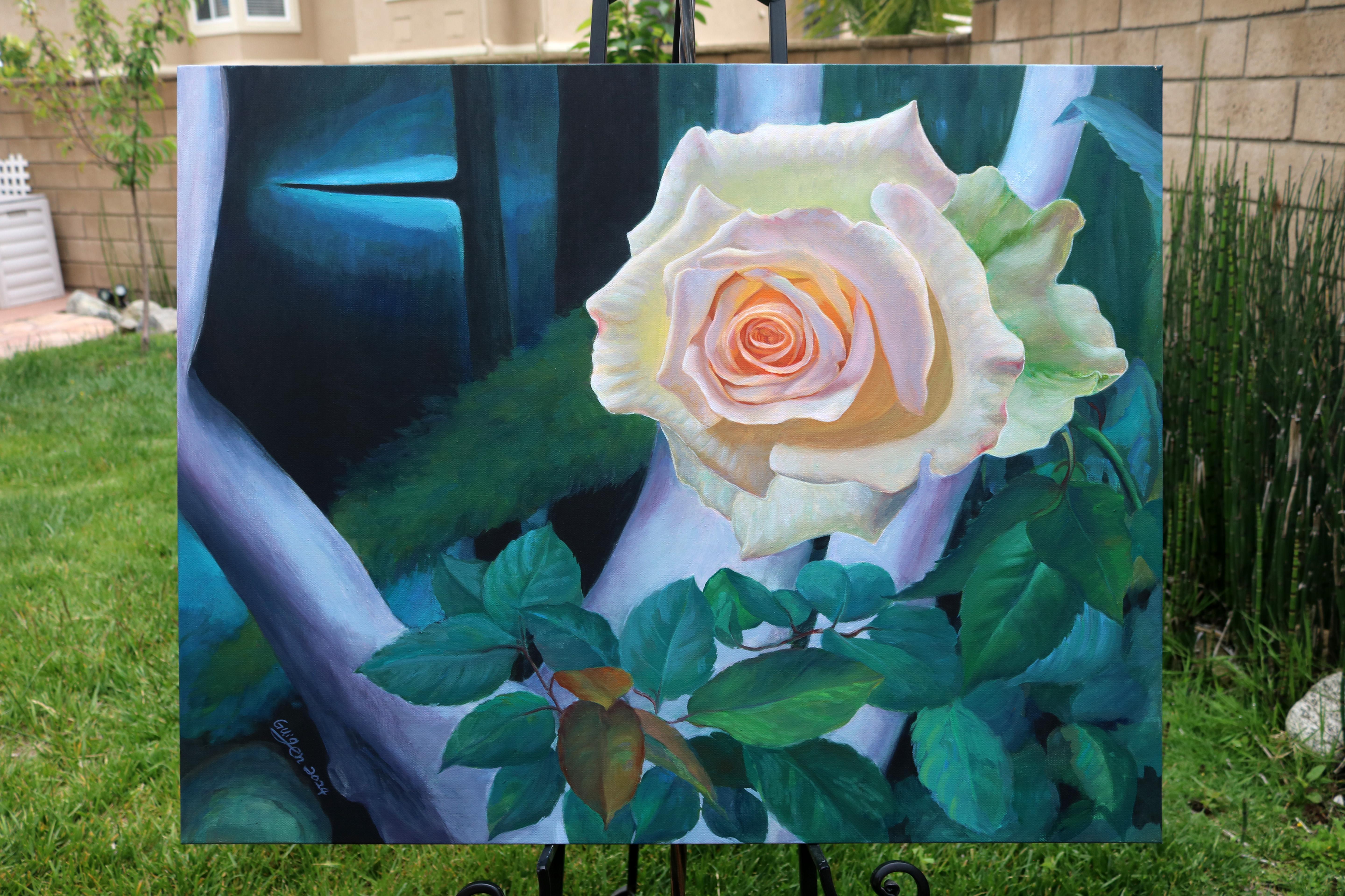 Rose & Thorns No.1, Oil Painting - Blue Still-Life Painting by Guigen Zha