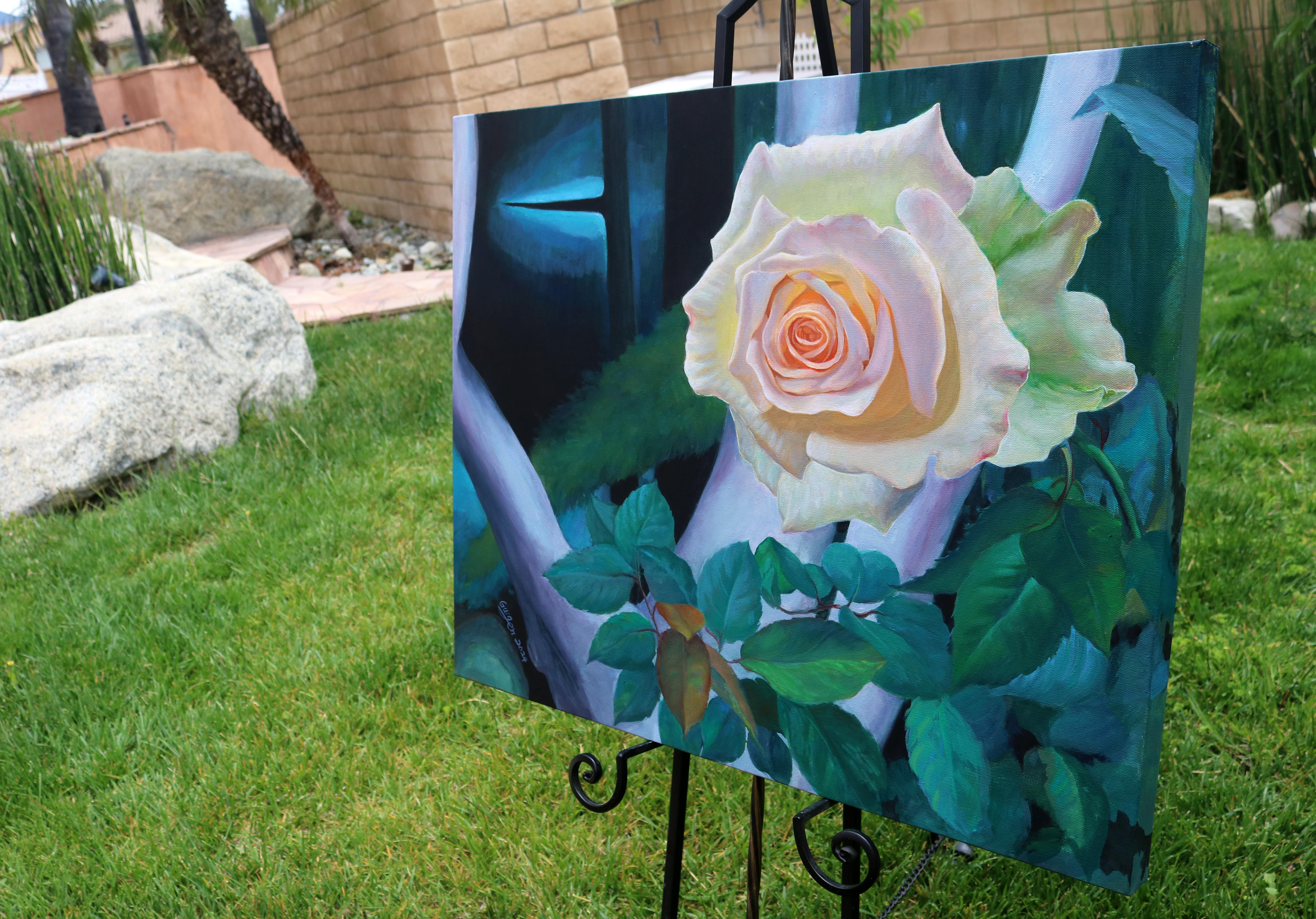 <p>Artist Comments<br />A rose blooms quietly, its petals glowing softly in the light. The branches in the distance stretch out, piercing the night sky like steel knives. Painted with realistic detail, the flower graces the scene with its