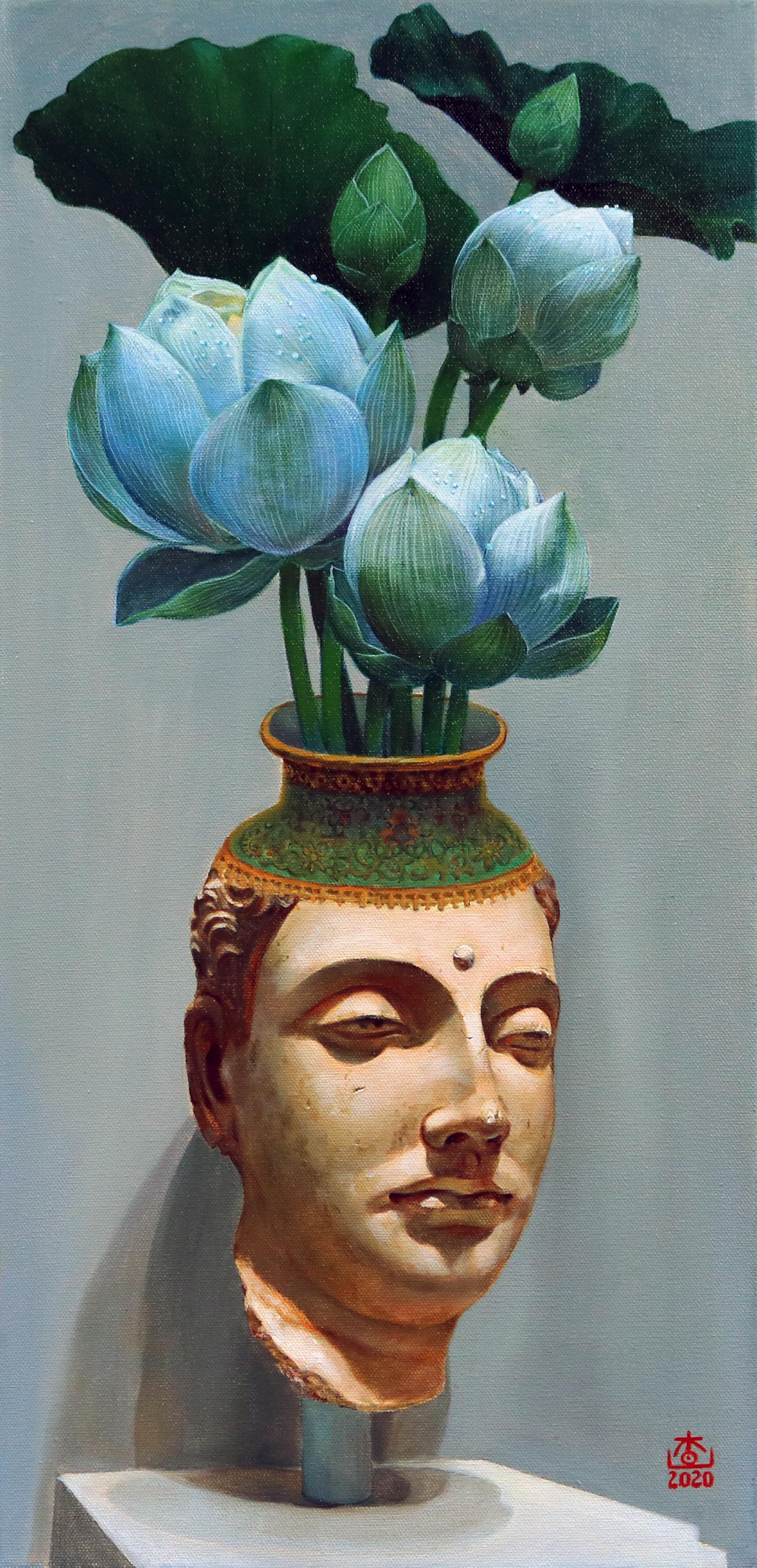 Guigen Zha Still-Life Painting - The Buddha Head Vase, Oil Painting