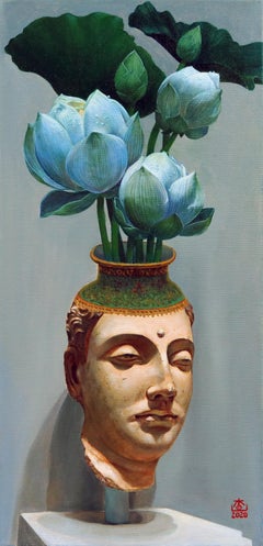 Vase en forme de tête de Bouddha, peinture à l'huile