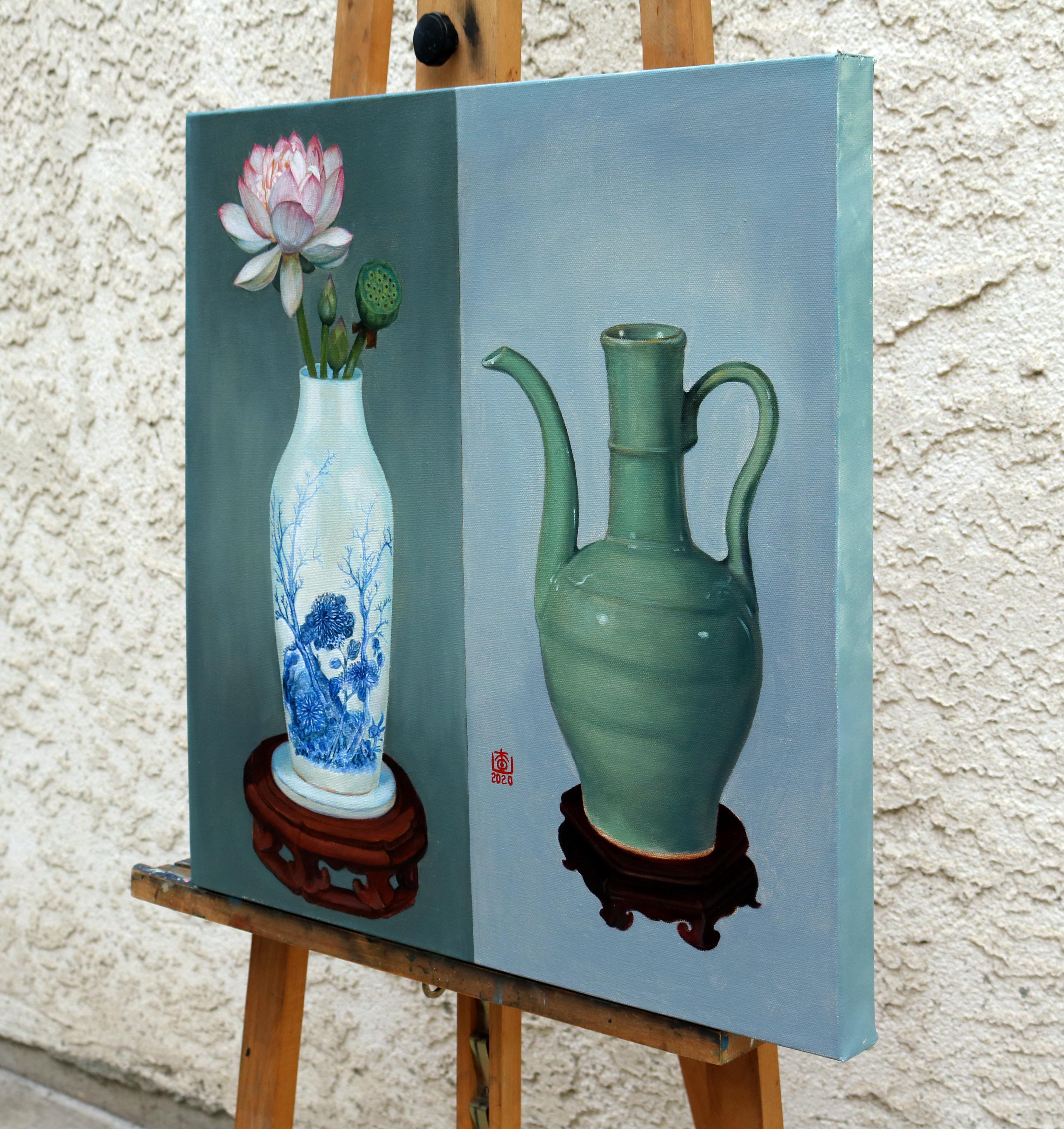 Vase et aiguière à cuillères avec poignée, peinture à l'huile - Réalisme américain Art par Guigen Zha