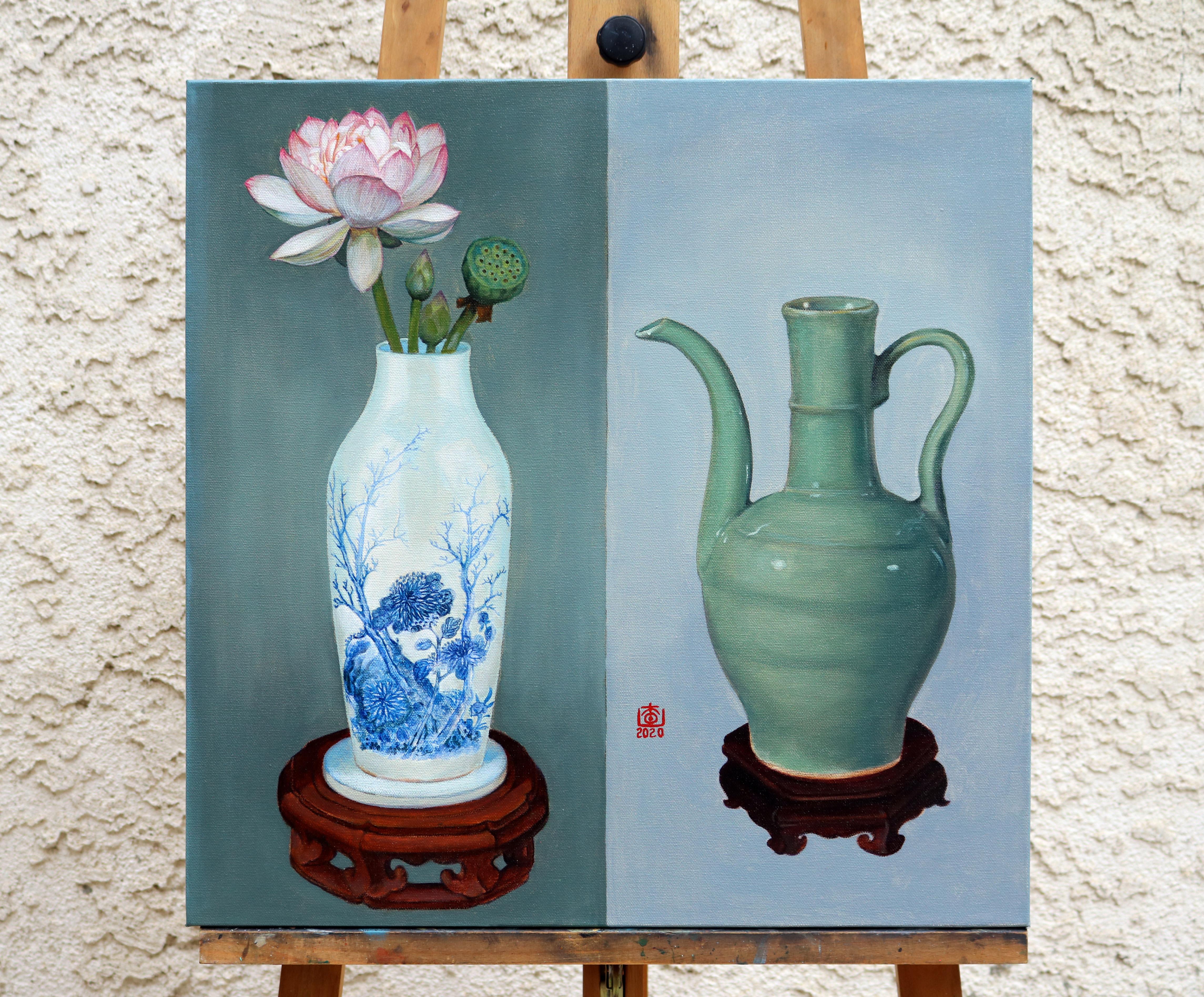 <p>Kommentare des Künstlers<br>Zwei chinesische Vasen liegen auf einem Hintergrund aus verschiedenen Grautönen in dem Werk des Künstlers Guigen Zha. Das Stillleben bezieht sich auf kulturelle Relikte aus der Song-Dynastie in China. Der Keramikkrug