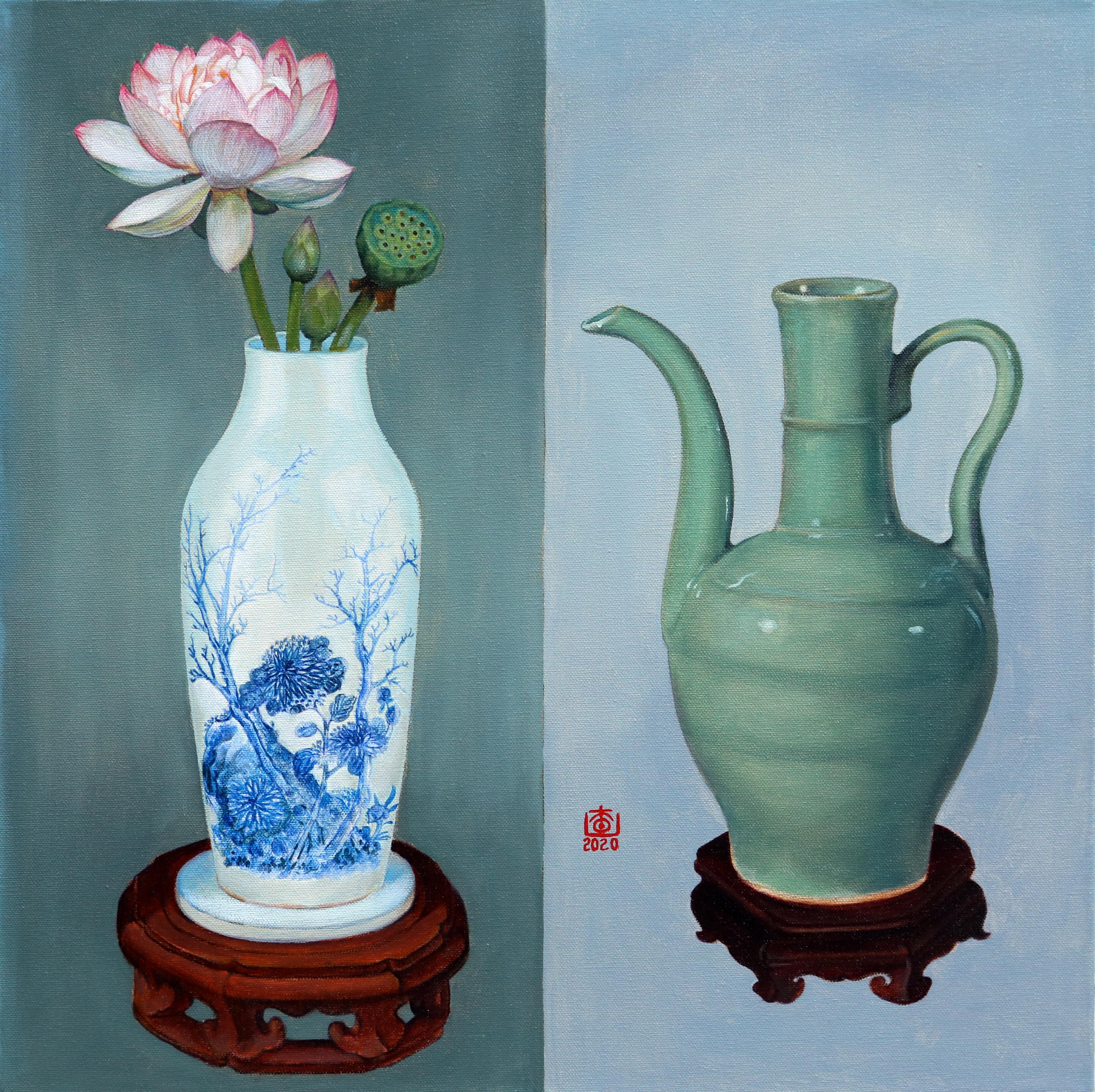 Vase et aiguière à cuillères avec poignée, peinture à l'huile - Art de Guigen Zha