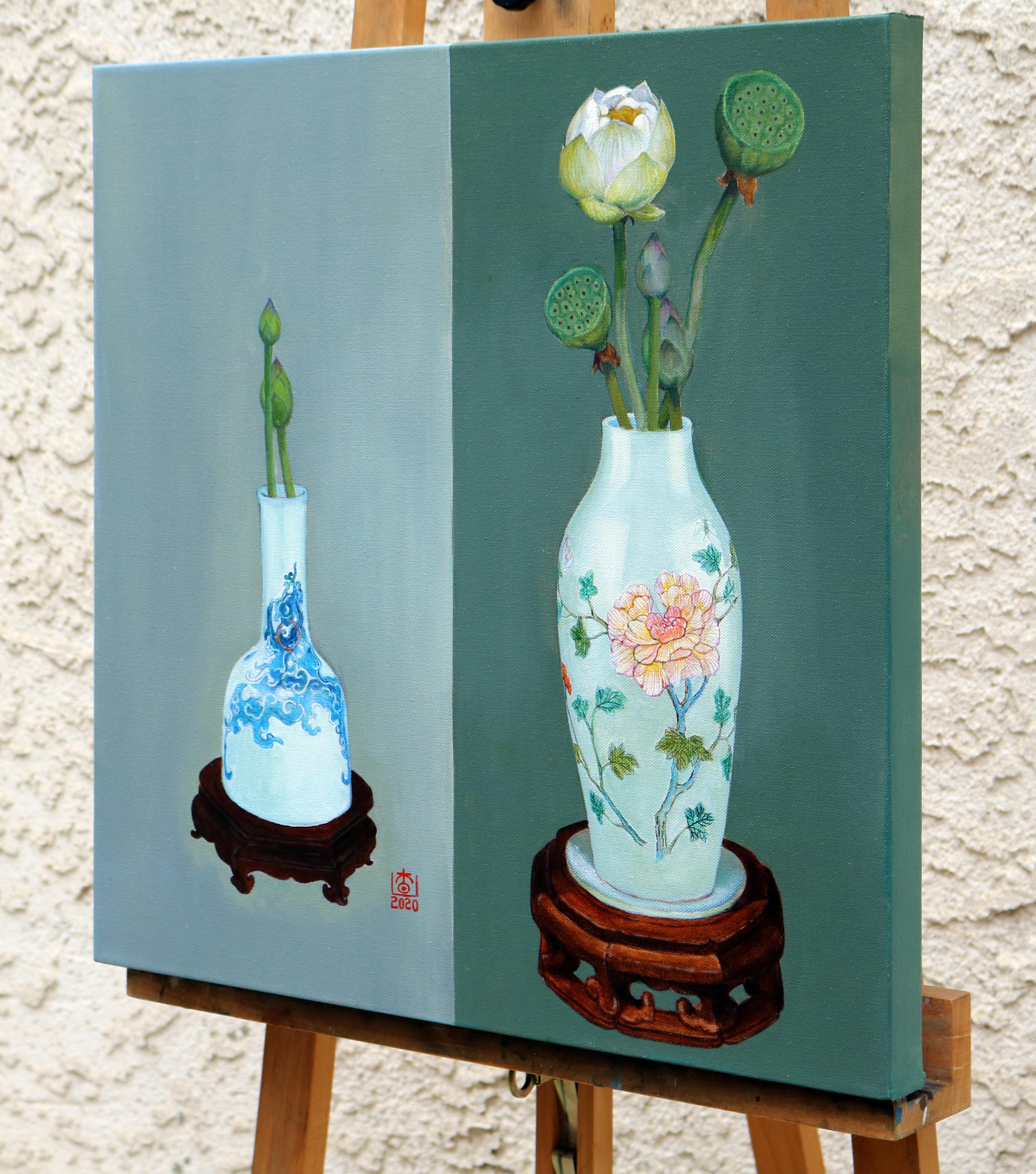 Vaso con peonie e farfalle, pittura a olio - Art Realismo americano di Guigen Zha