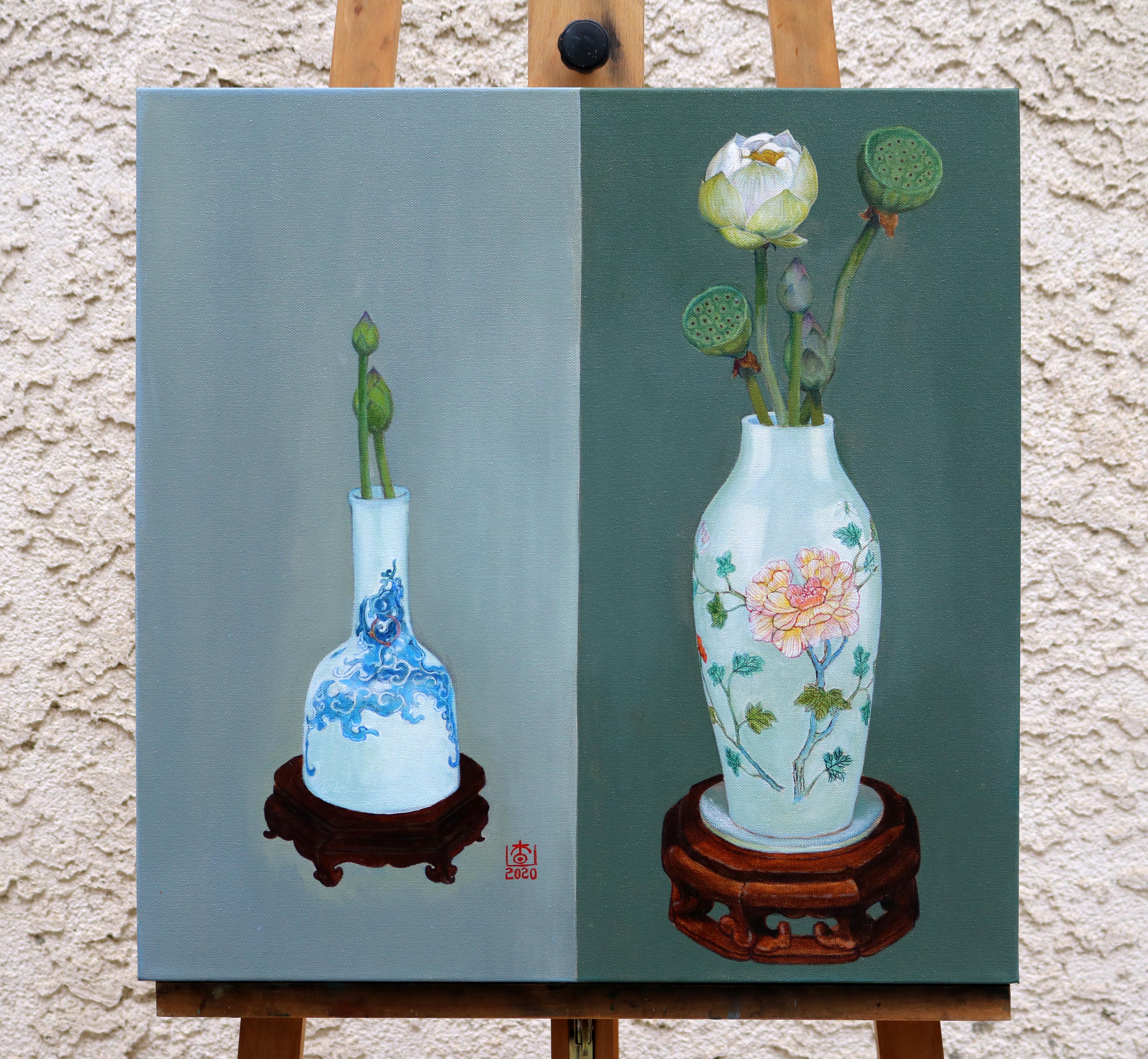 <p>Artist Comments<br>Artist Guigen Zha paints a realistic still life of lotuses in different stages of development. He props them on Chinese ceramic vases against a background of two different shades of colors. In traditional Chinese belief, the