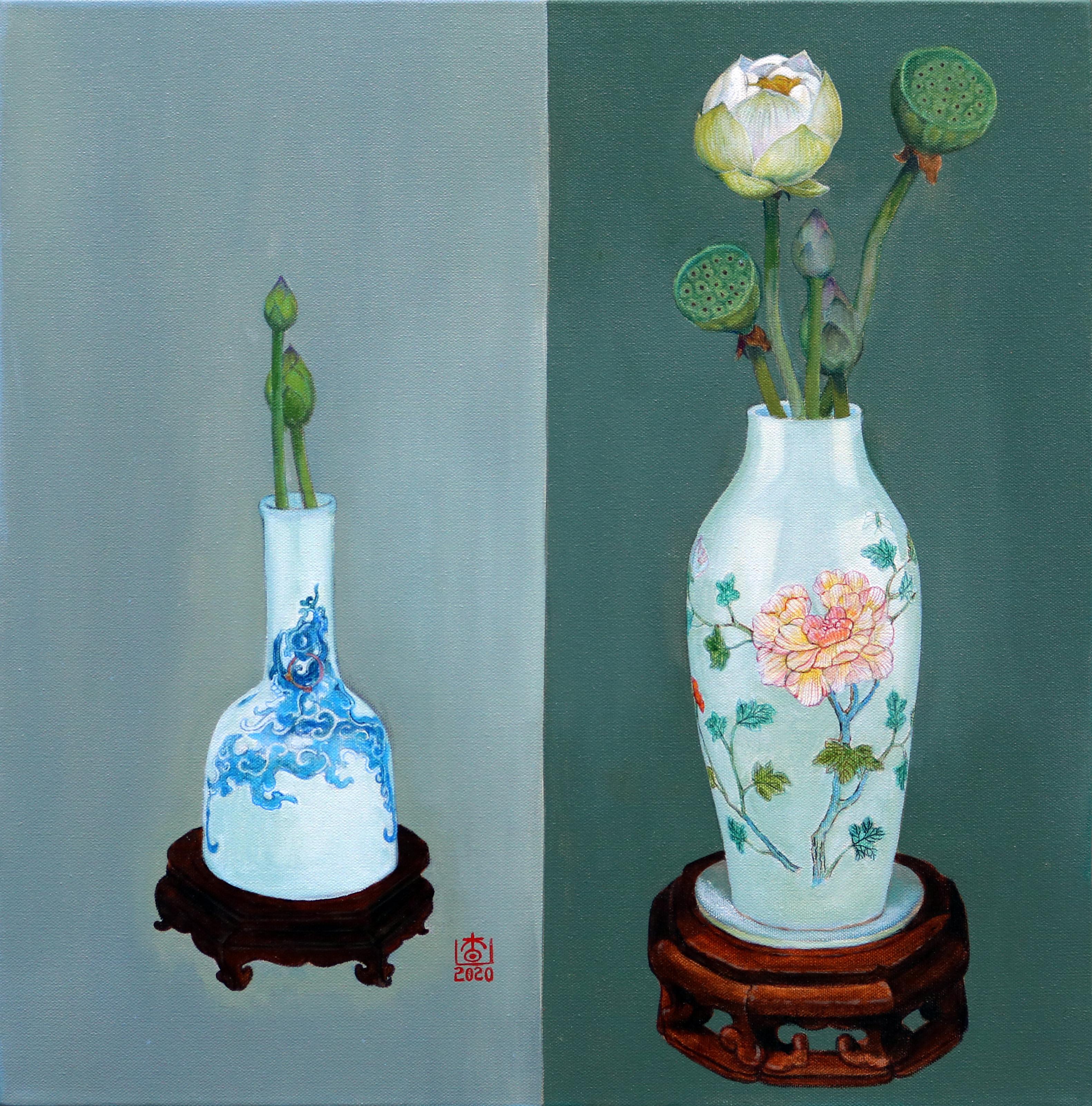 Vase mit Pfingstrosen und Schmetterlingen, Ölgemälde – Art von Guigen Zha