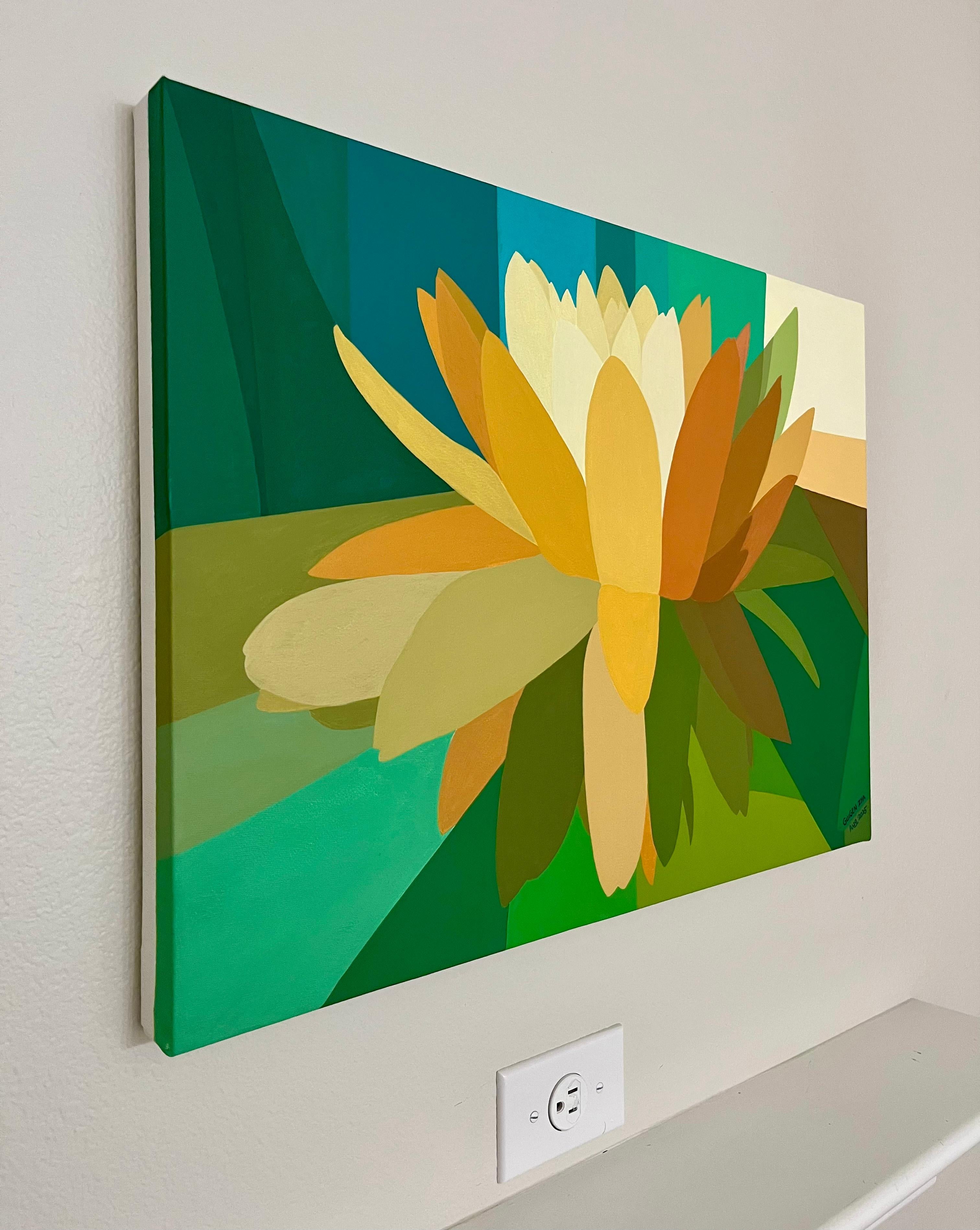 Water Lily, Original Painting - Green Still-Life Painting by Guigen Zha