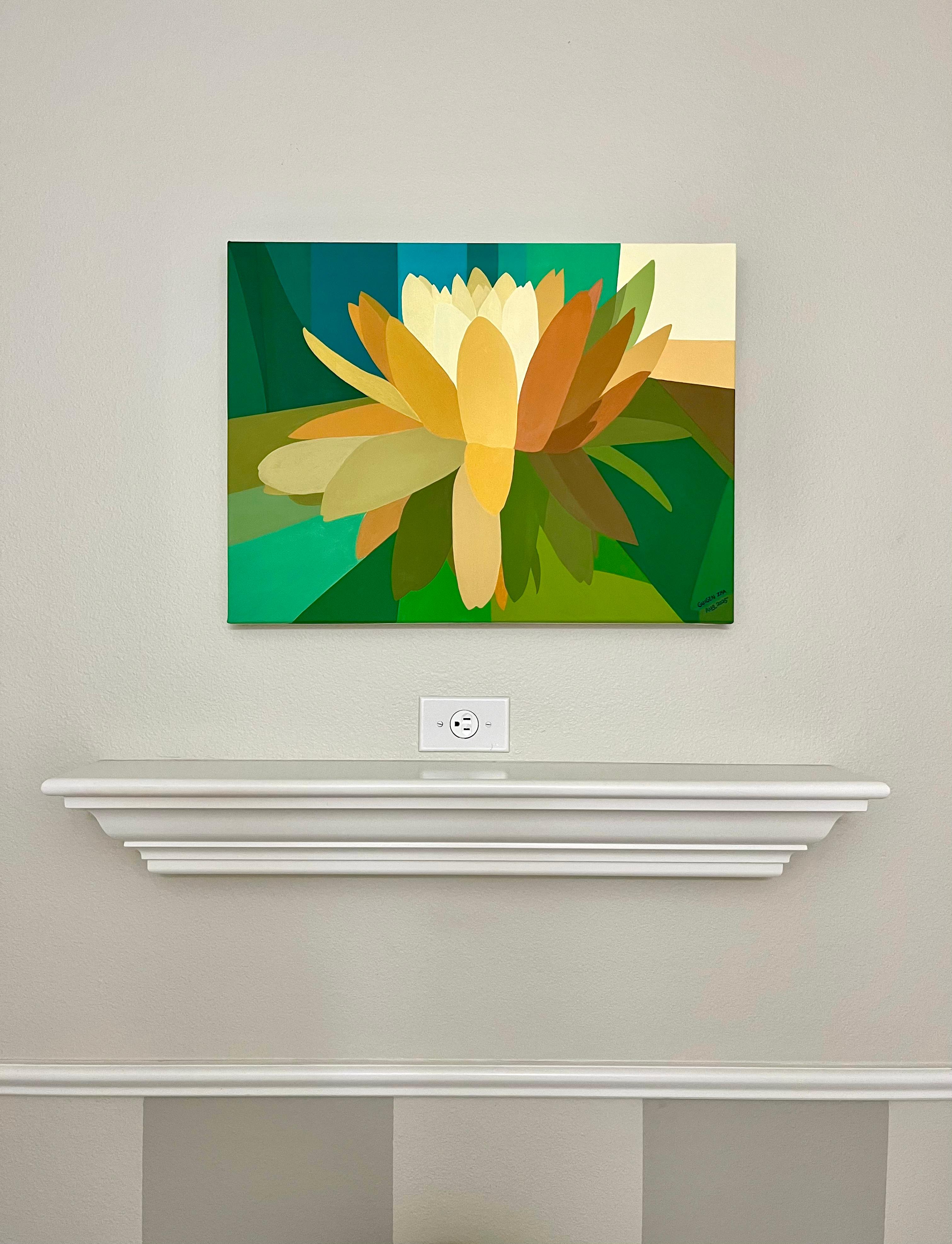 <p>Artist Comments<br>This painting depicts a stylized water lily in close-up. The flower's organic form contrasts with the geometric background, creating a captivating visual contrast. The restrained use of color and detail further enhances the