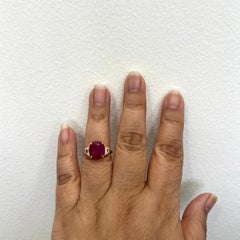 Guild 5 Carat Burma Ruby Cushion and Trapezoid Diamond Ring in 18K Yellow Gold