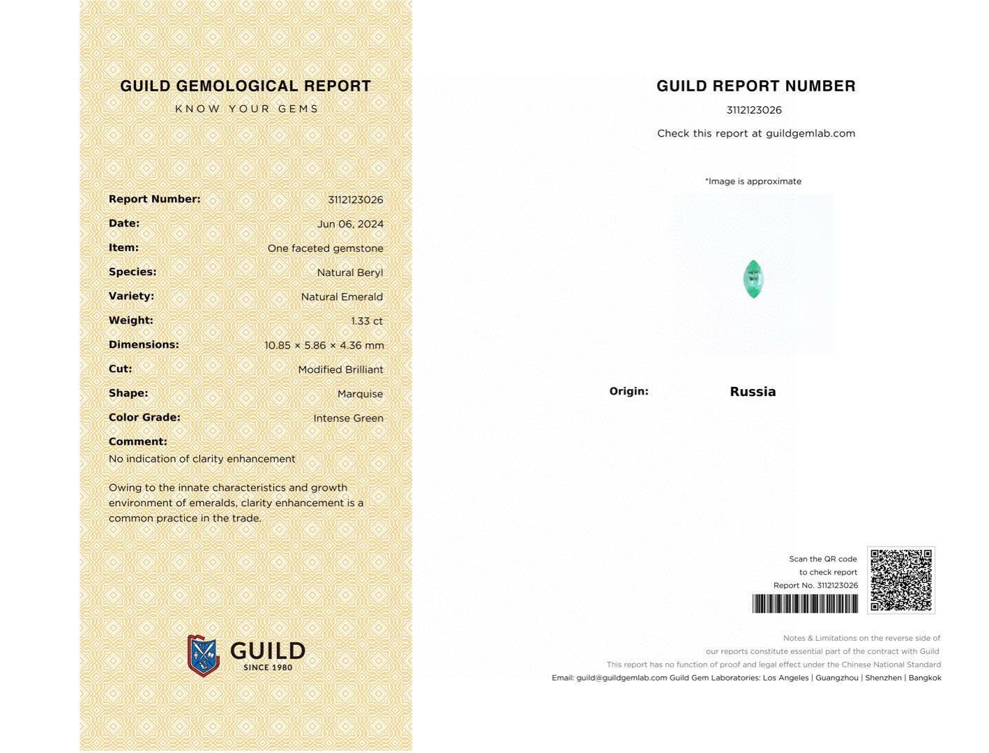 Certificat GUILD, naturel, sans huile, Russie, émeraude vert intense 1,33 carat Neuf - En vente à bangkok, TH