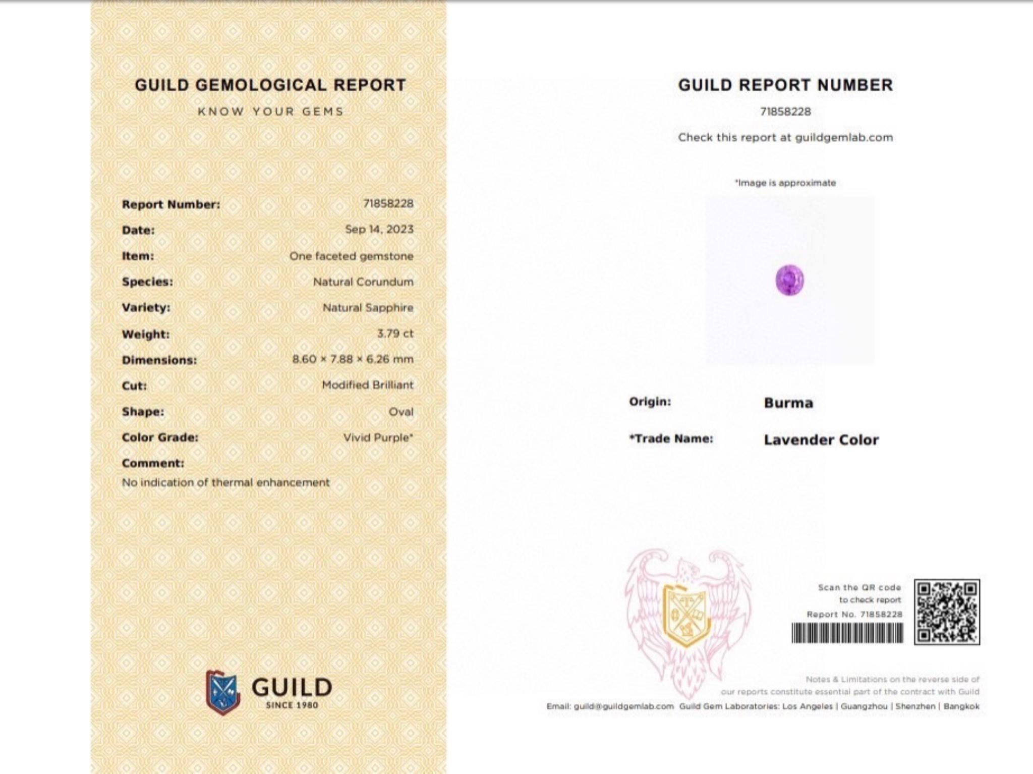 Certificat GUILD Rare saphir naturel non chauffé  violet de Birmanie 3,79 carats Unisexe en vente
