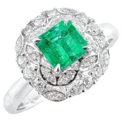 Guild Certified 0.52 CT Colombia Emerald 18K White Gold Ring with Diamonds