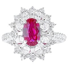 Guild Certified 1.03 CT Pigeon's Blood Red Ruby 18K White Gold Ring with Diamond