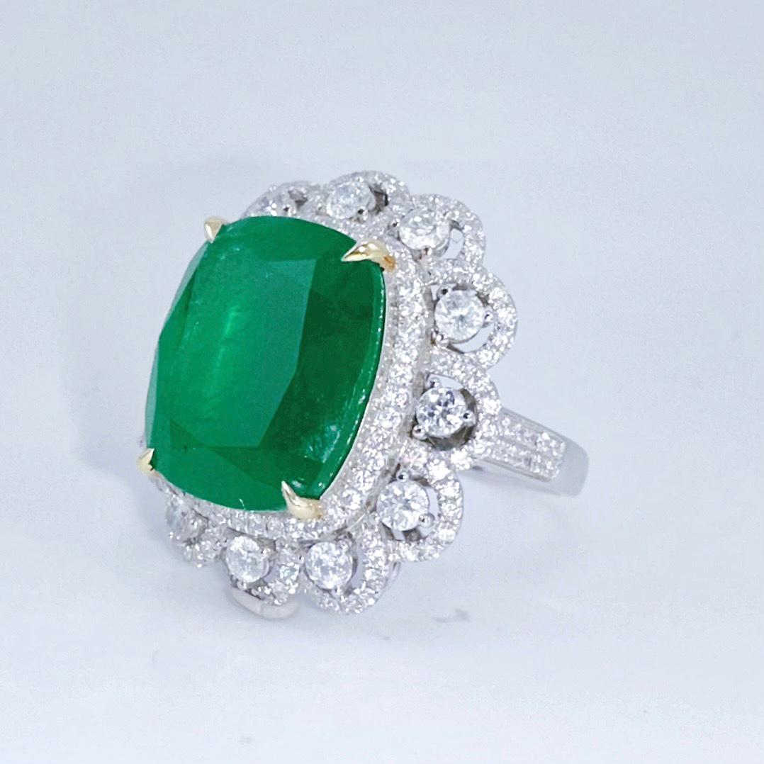 Guild Certified 10.80 CT Vivid Green Emerald 18K Gold Ring/Pendant with Diamonds

1 Emerald - 10.80 CT
Minor Oil & Modified Brilliant Cut & Vivid Green

Guild Certification Attached

Round Diamonds - 1.56 CT
18K Gold - 9.13 GM
Pendant / Ring 2 in 1
