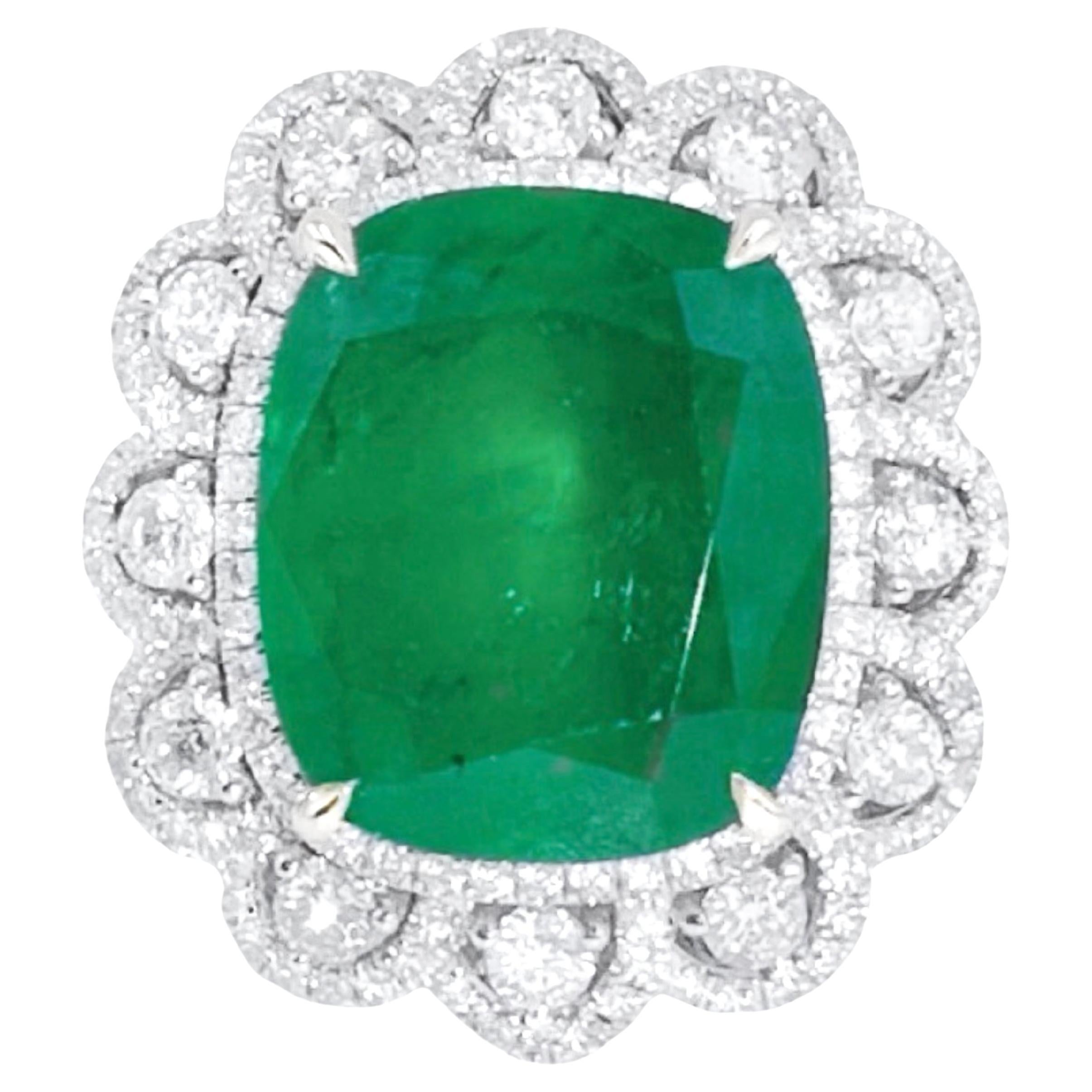 Guild Certified 10.80 CT Vivid Green Emerald 18K Gold Ring/Pendant with Diamonds