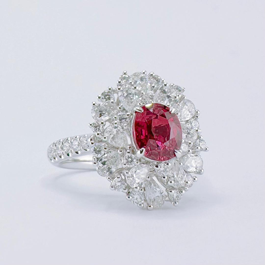 Modern Guild Certified 1.25 CT Intense Red Ruby 18K Gold Cocktail Ring with Diamonds For Sale