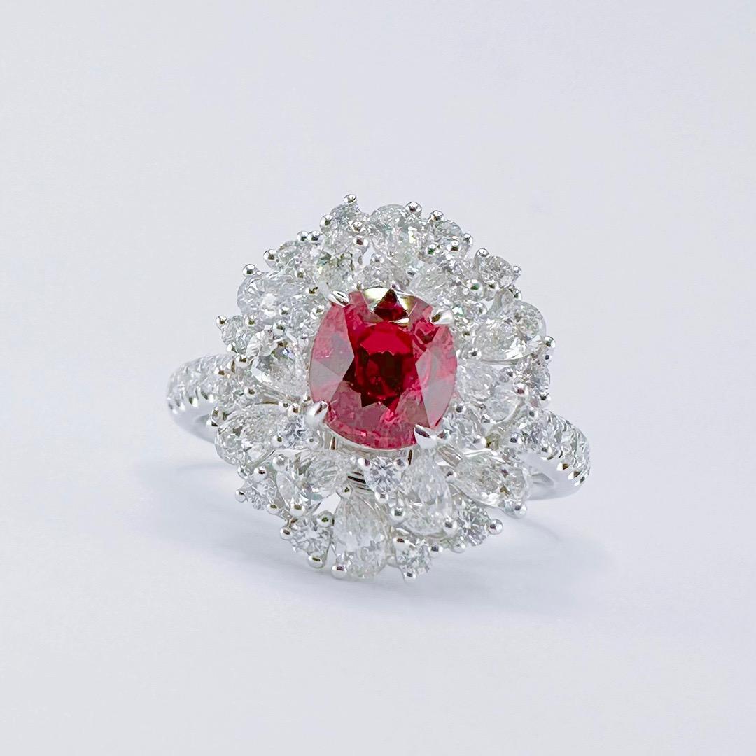 Oval Cut Guild Certified 1.25 CT Intense Red Ruby 18K Gold Cocktail Ring with Diamonds For Sale