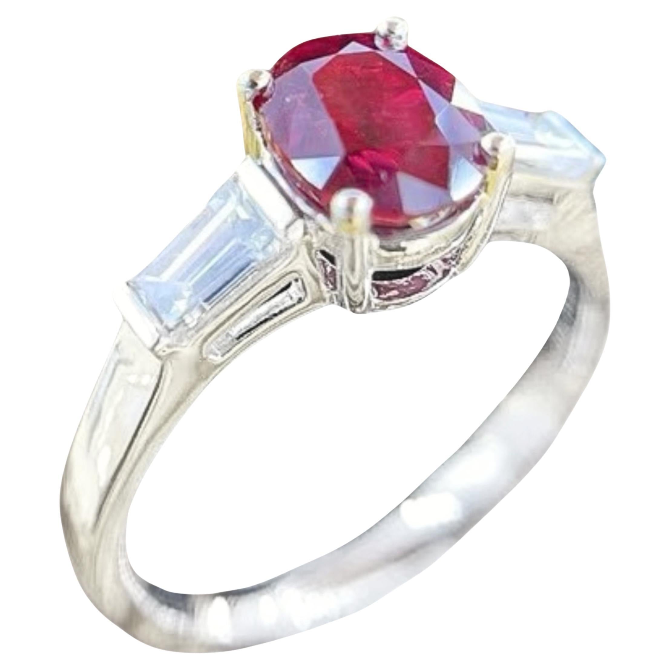 Guild Certified 1.36 CT Pigeon's Blood Ruby & Diamond Three Stone Ring
